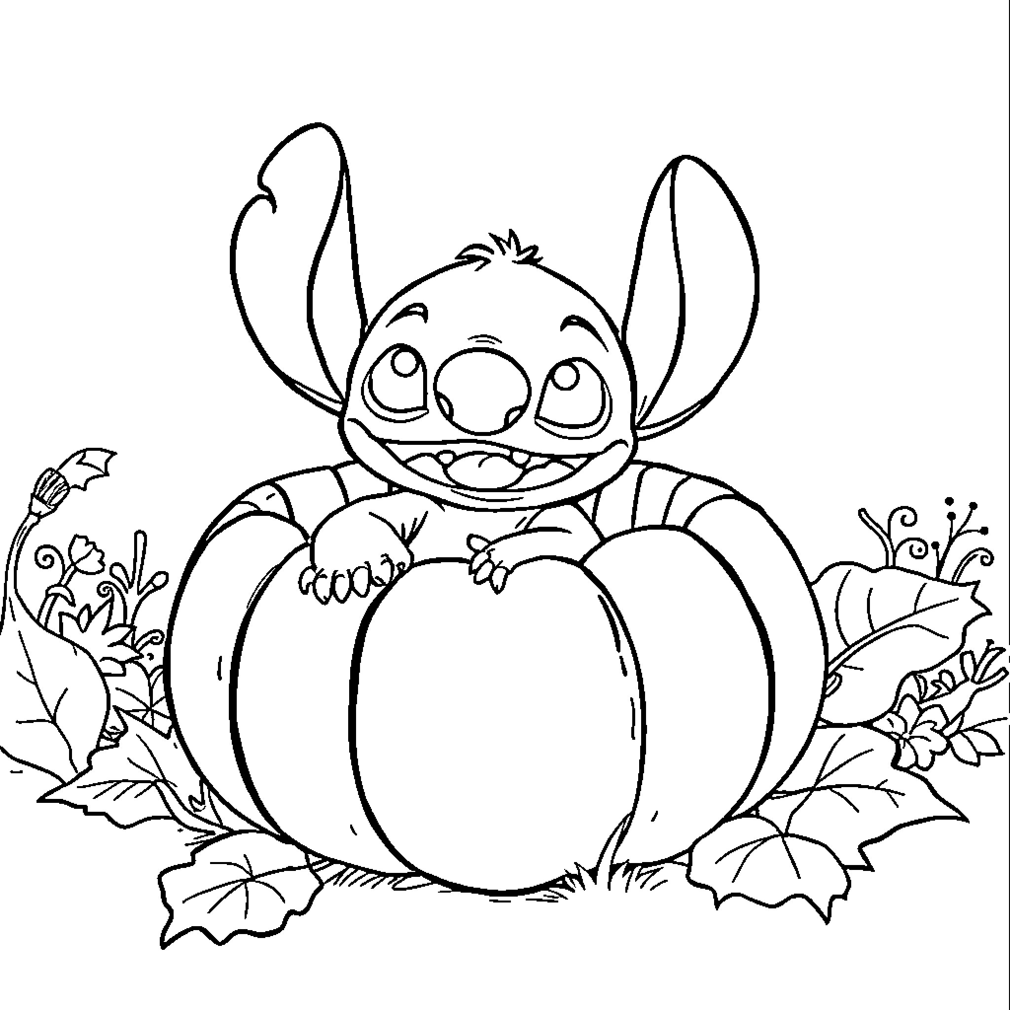 Stitch sitting happily on a pumpkin Coloring Page (free black-and-white line drawing printable PDF for all, from beginners to advanced learners, including children, teens, adults, and seniors)