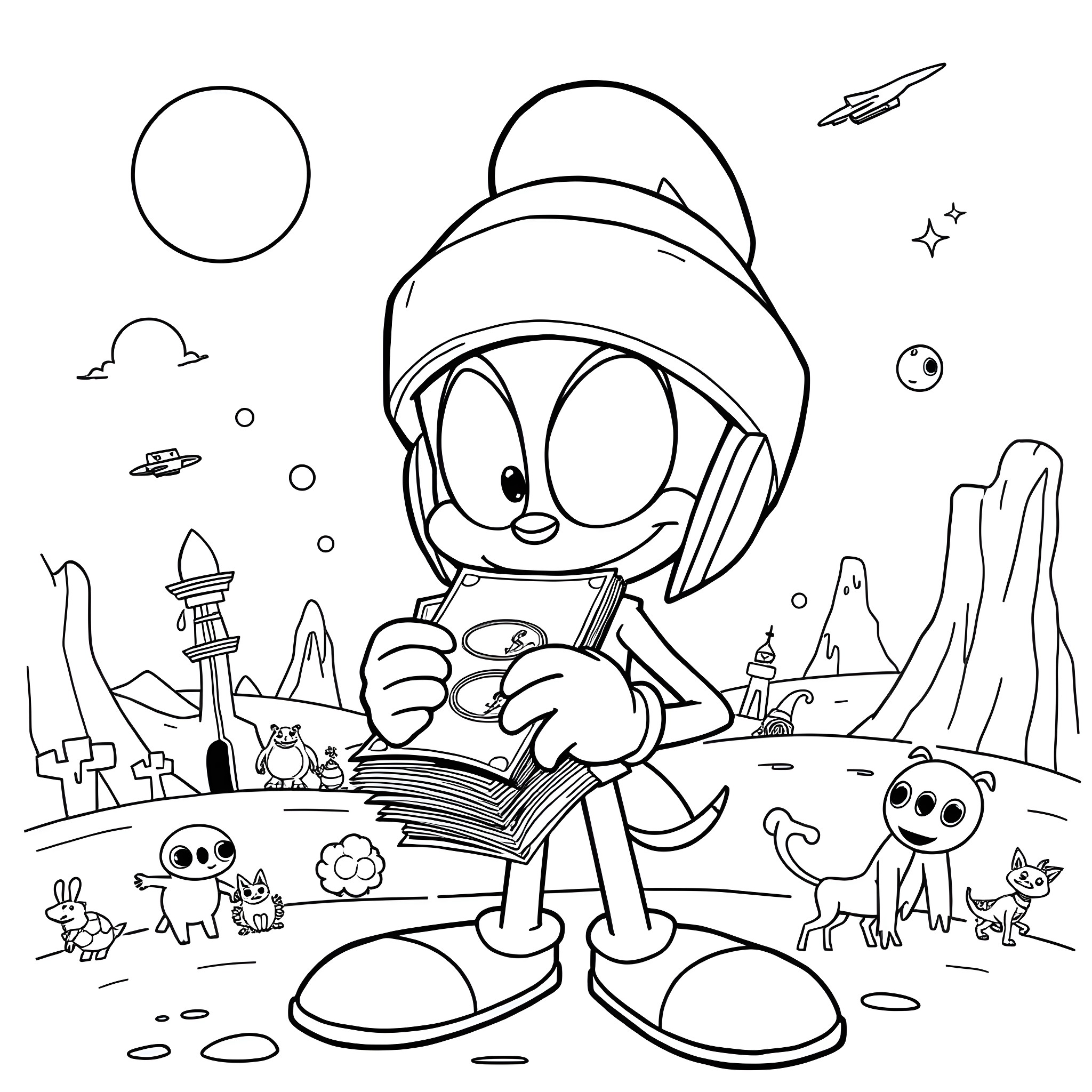 Marvin the Martian exploring the extraterrestrial landscape Coloring Page (free black-and-white line drawing printable PDF for all, from beginners to advanced learners, including children, teens, adults, and seniors)