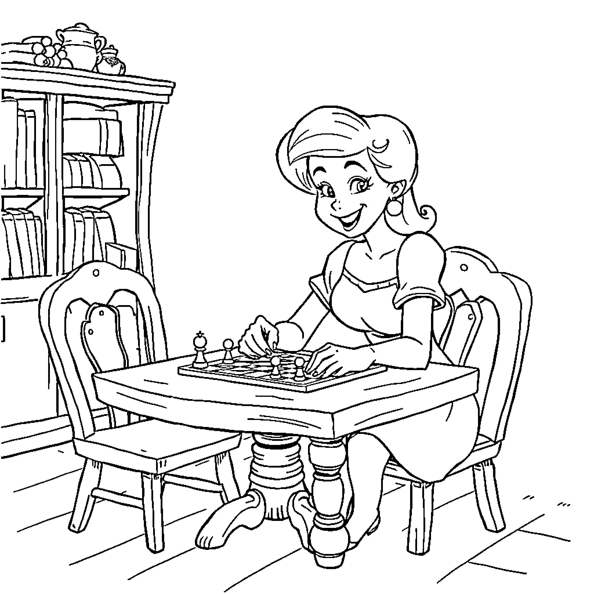 Snow White playing chess alone in the cottage Coloring Page (free black-and-white line drawing printable PDF for all, from beginners to advanced learners, including children, teens, adults, and seniors)