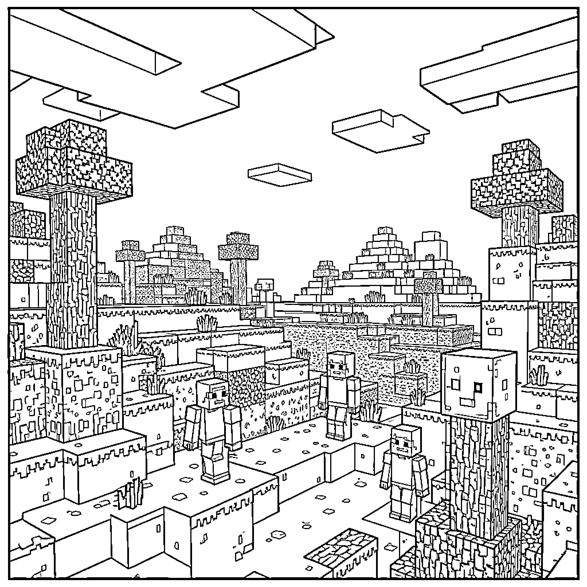 Minecraft Landscape with Diverse Architectural Structures Coloring Page (free black-and-white line drawing printable PDF for all, from beginners to advanced learners, including children, teens, adults, and seniors)