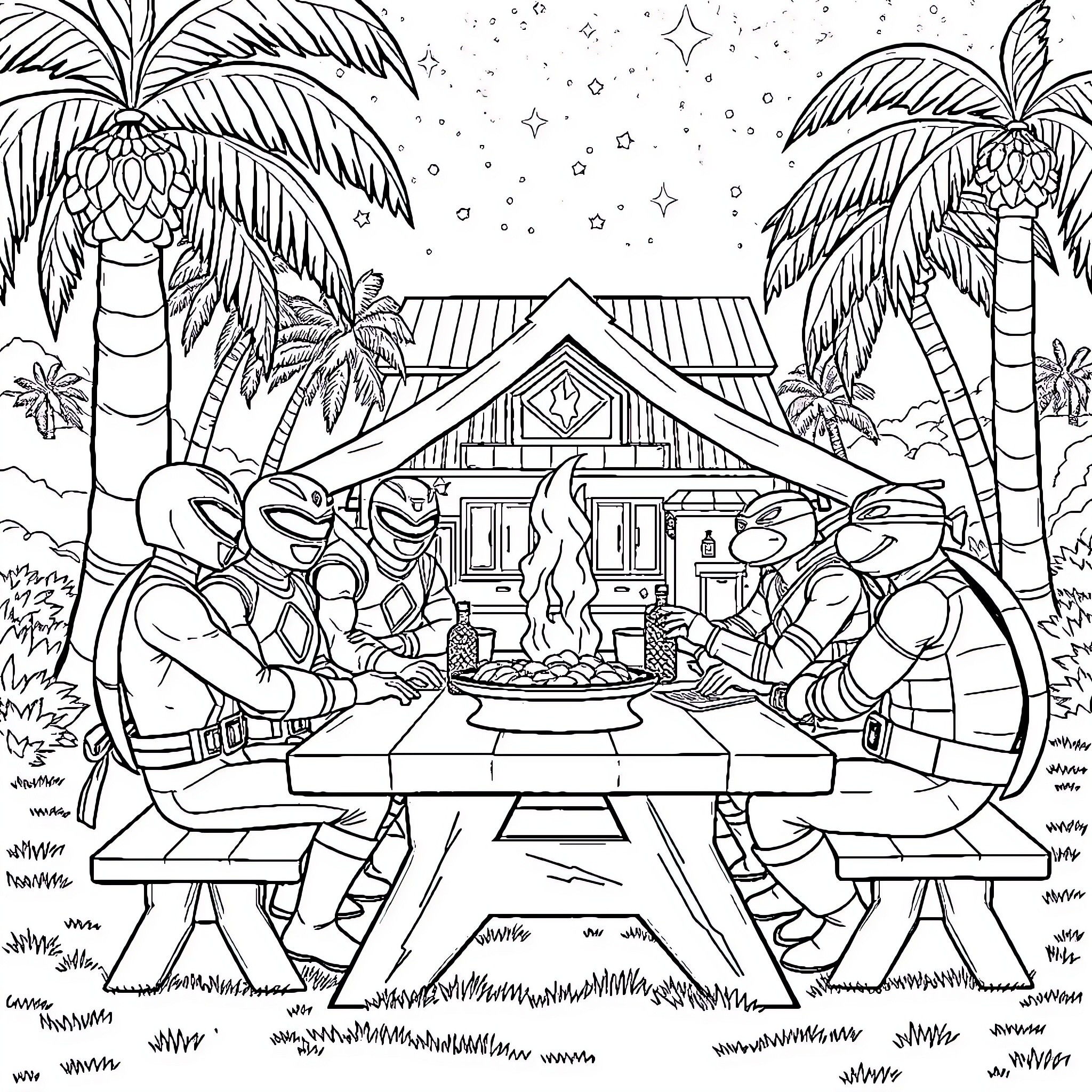 Power Rangers Enjoying a Tropical Campfire Gathering Coloring Page (free black-and-white line drawing printable PDF for all, from beginners to advanced learners, including children, teens, adults, and seniors)