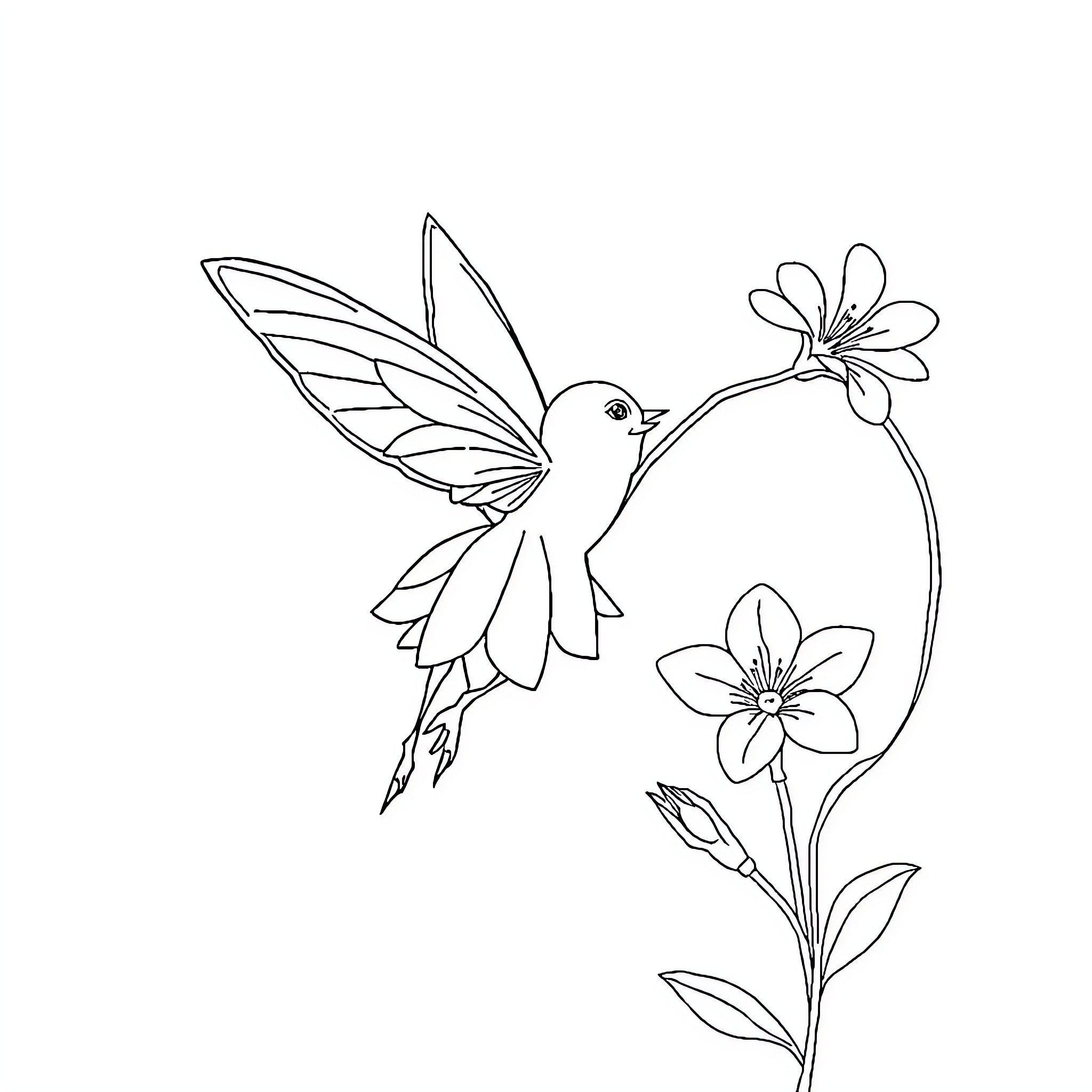 Feathered Hummingbird and Floral Delight Coloring Page (free black-and-white line drawing printable PDF for all, from beginners to advanced learners, including children, teens, adults, and seniors)