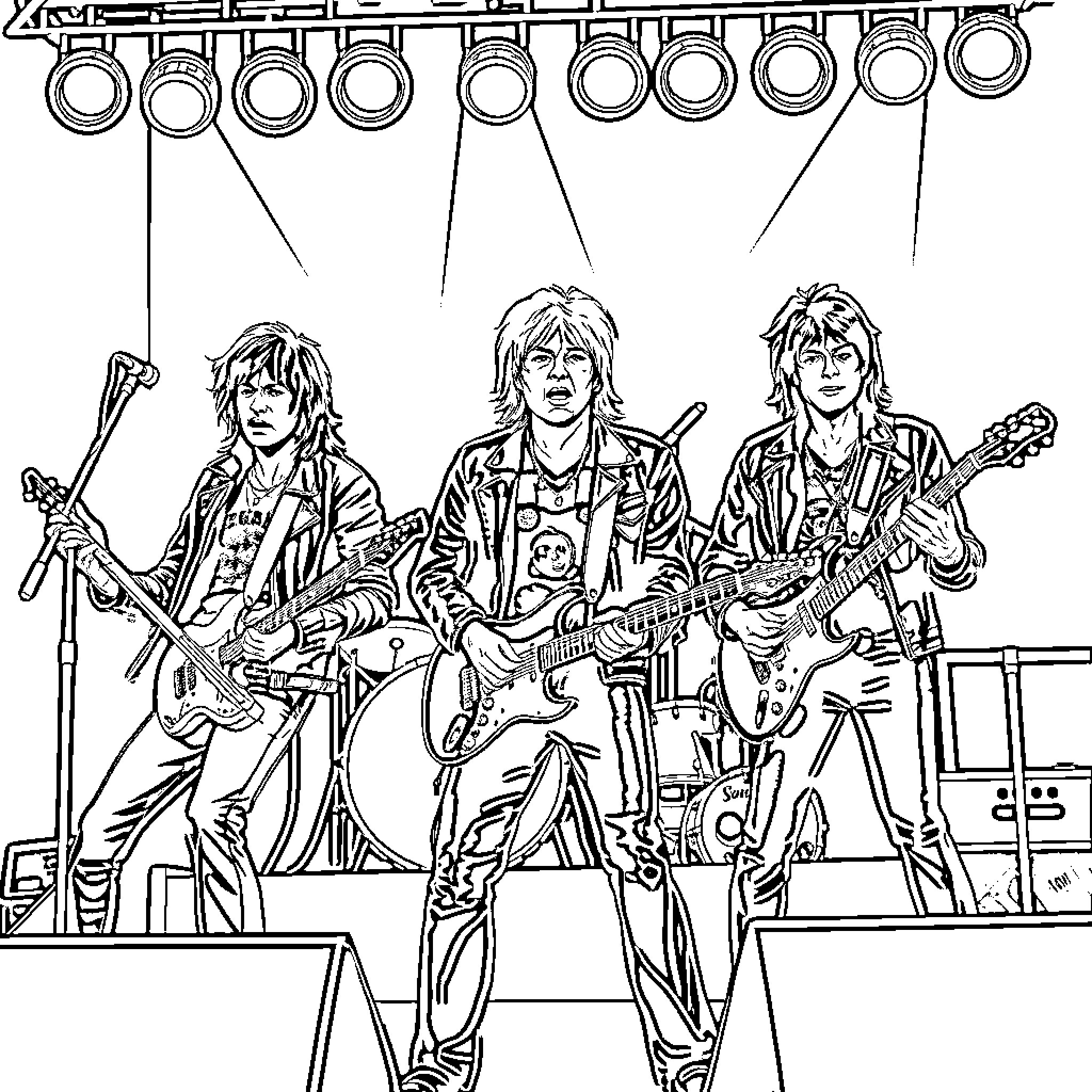 Ramones performing on stage with energy Coloring Page (free black-and-white line drawing printable PDF for all, from beginners to advanced learners, including children, teens, adults, and seniors)