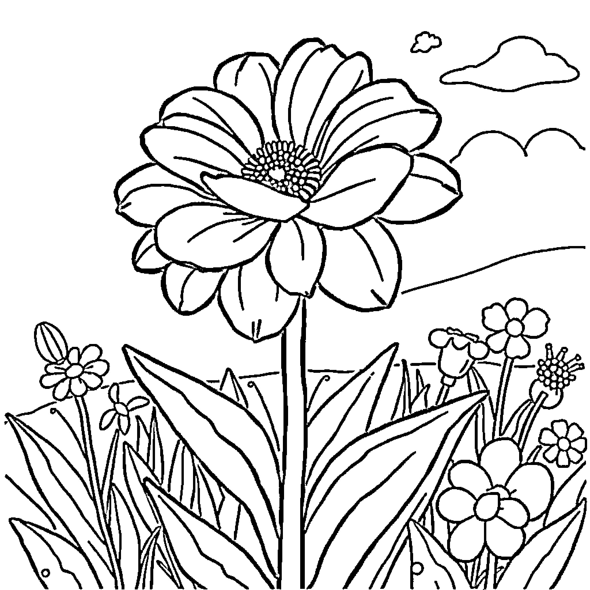 Flower garden with blooming floral patterns Coloring Page (free black-and-white line drawing printable PDF for all, from beginners to advanced learners, including children, teens, adults, and seniors)