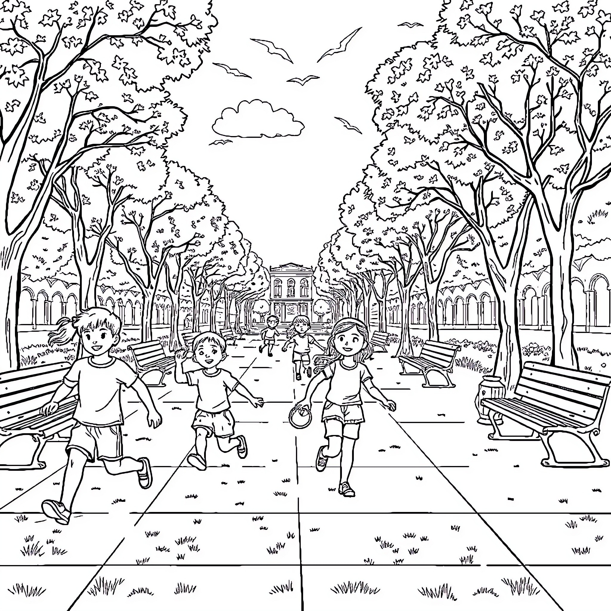 Niños playing joyfully in the park Coloring Page (free black-and-white line drawing printable PDF for all, from beginners to advanced learners, including children, teens, adults, and seniors)