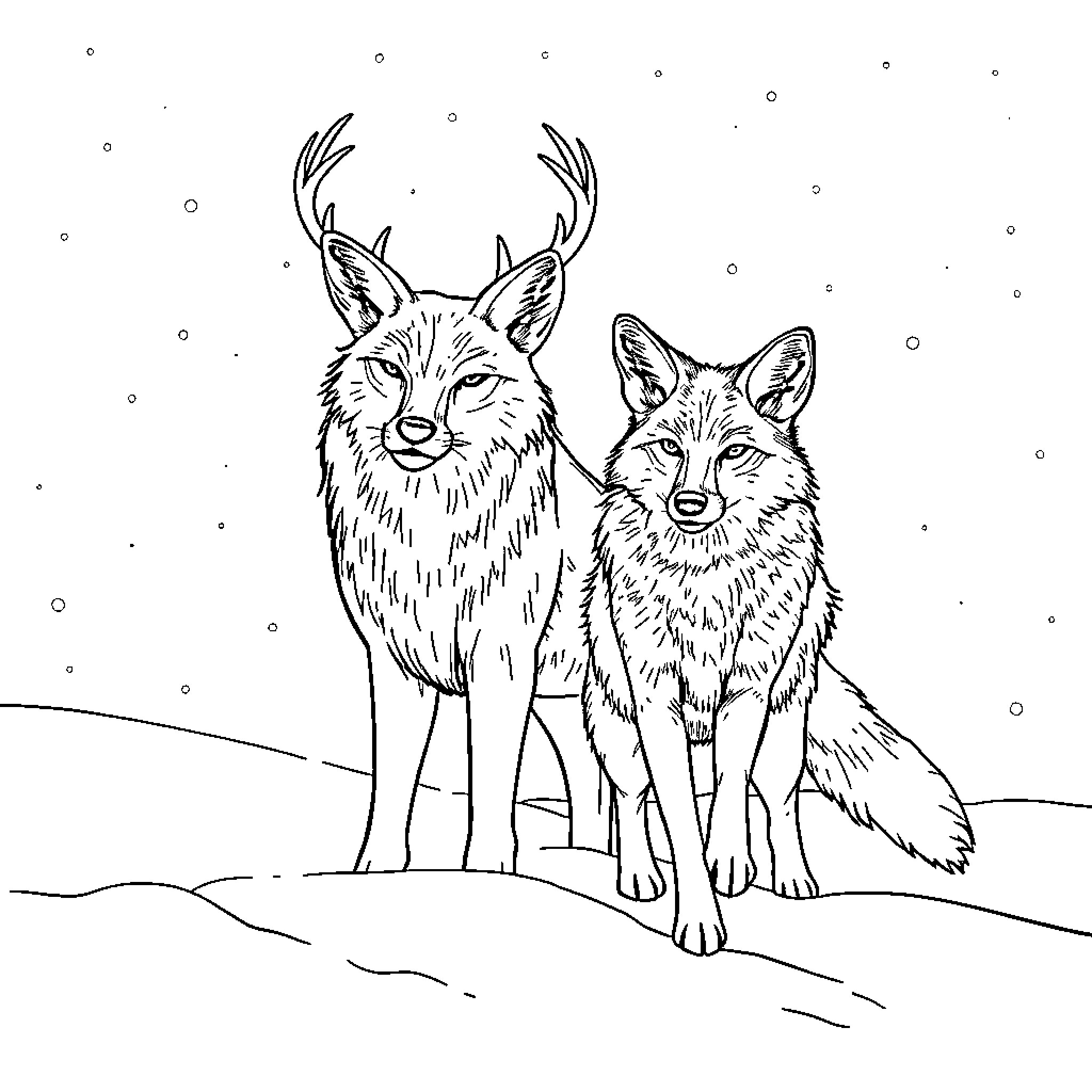 Deer Couple Enjoying the Snow Coloring Page (free black-and-white line drawing printable PDF for all, from beginners to advanced learners, including children, teens, adults, and seniors)