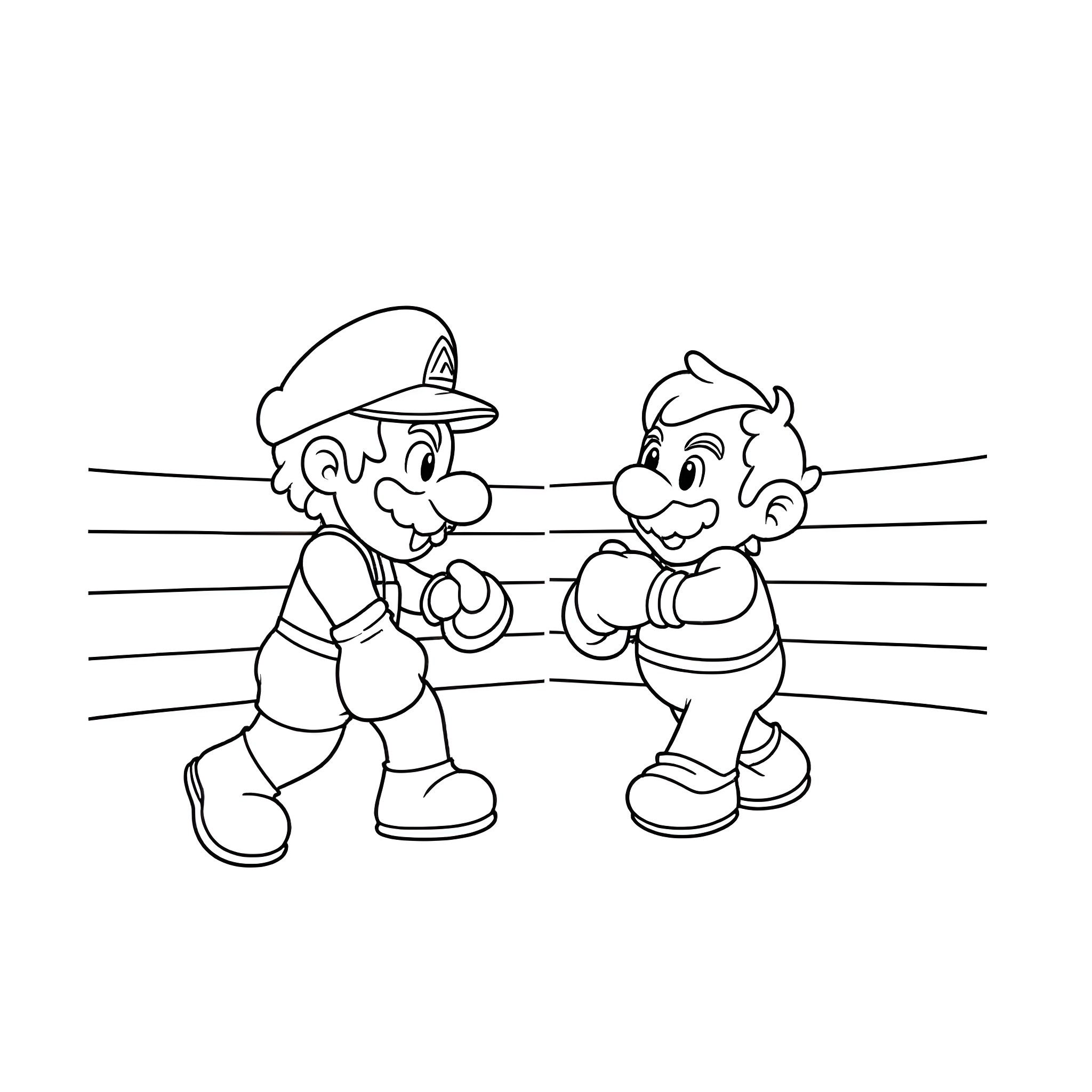 Mario and friend in a playful wrestling match Coloring Page (free black-and-white line drawing printable PDF for all, from beginners to advanced learners, including children, teens, adults, and seniors)