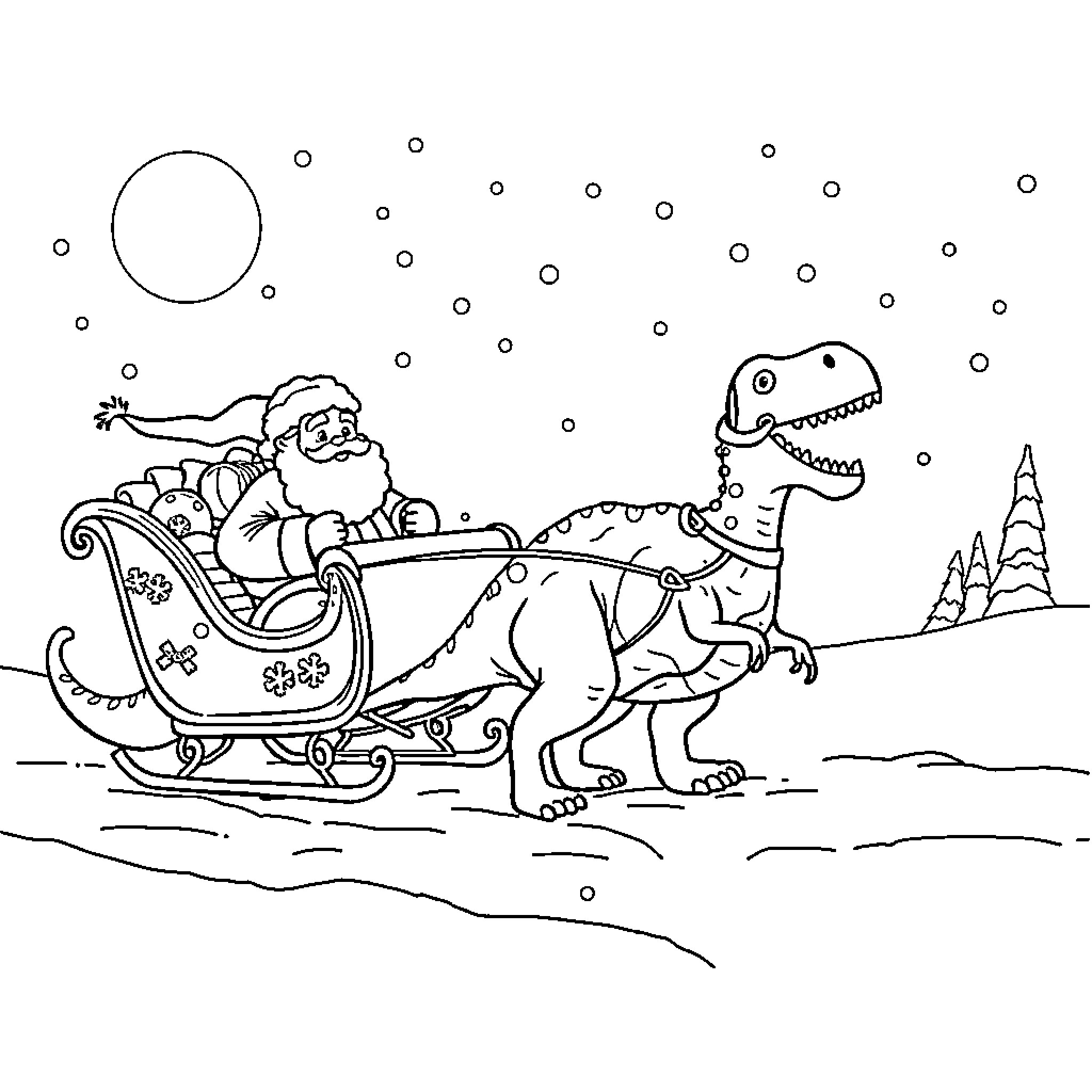 Santa's Sleigh Ride with Dinosaur Coloring Page (free black-and-white line drawing printable PDF for all, from beginners to advanced learners, including children, teens, adults, and seniors)
