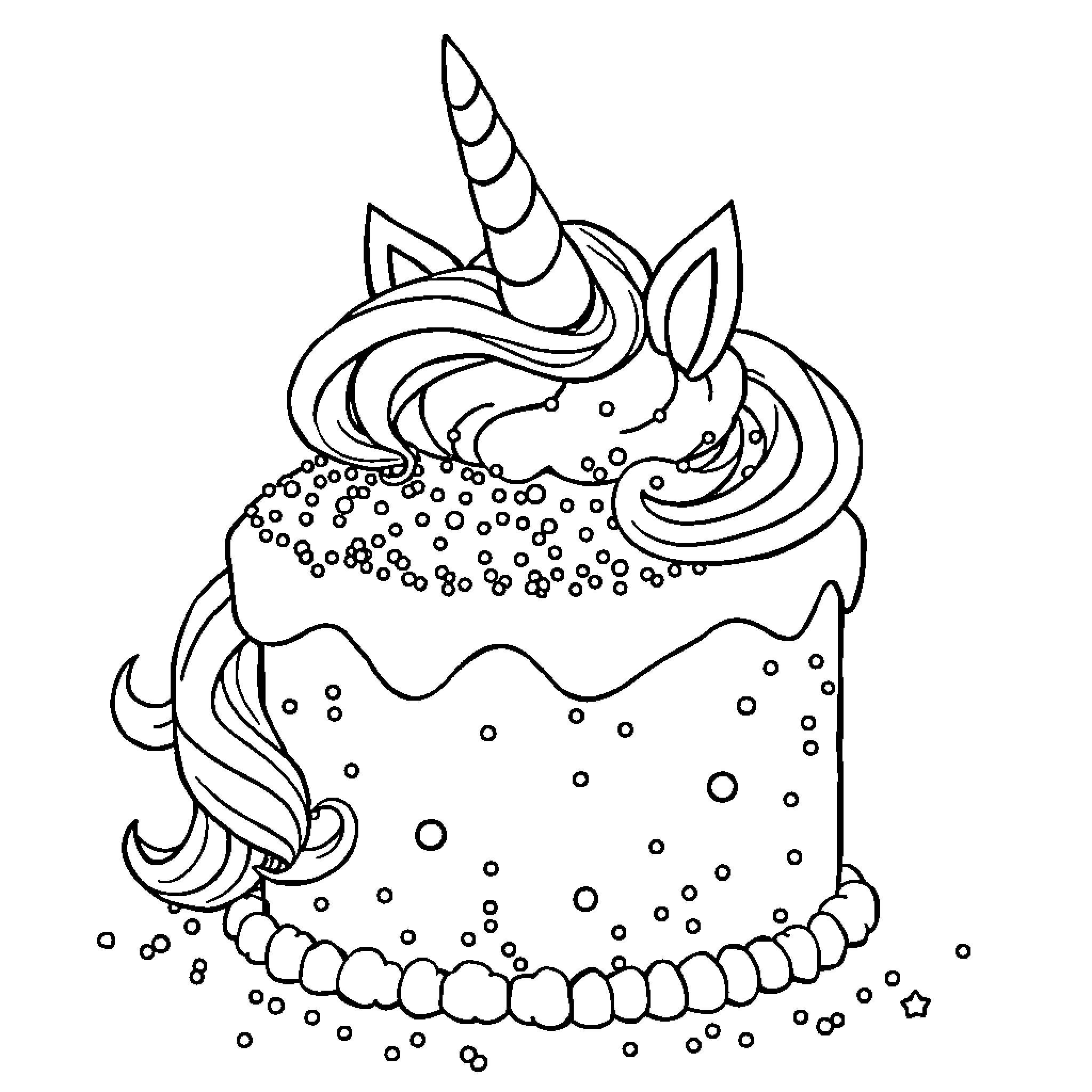 Unicorn cake with magical decorations Coloring Page (free black-and-white line drawing printable PDF for all, from beginners to advanced learners, including children, teens, adults, and seniors)