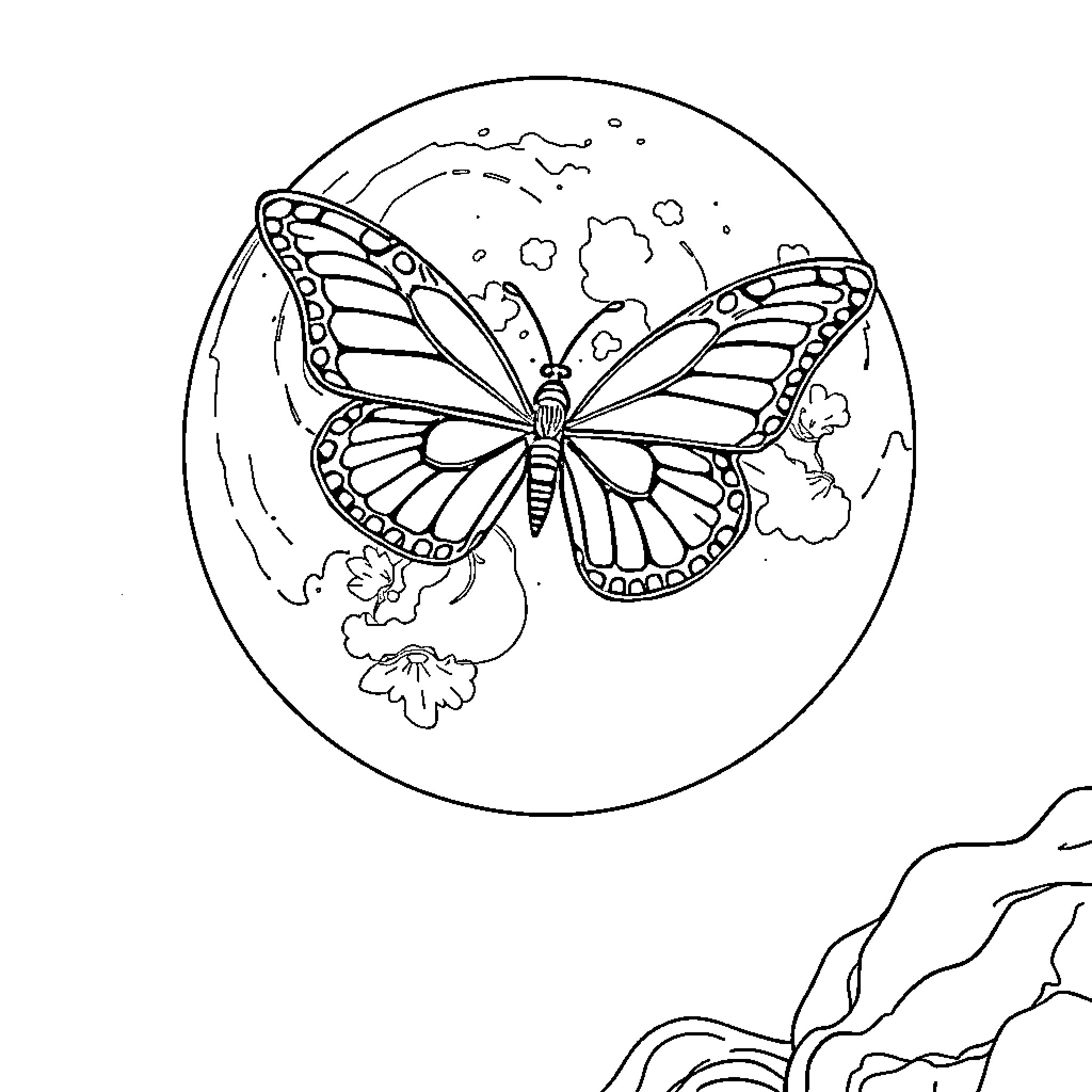 Butterfly in a Whimsical Landscape Coloring Page (free black-and-white line drawing printable PDF for all, from beginners to advanced learners, including children, teens, adults, and seniors)
