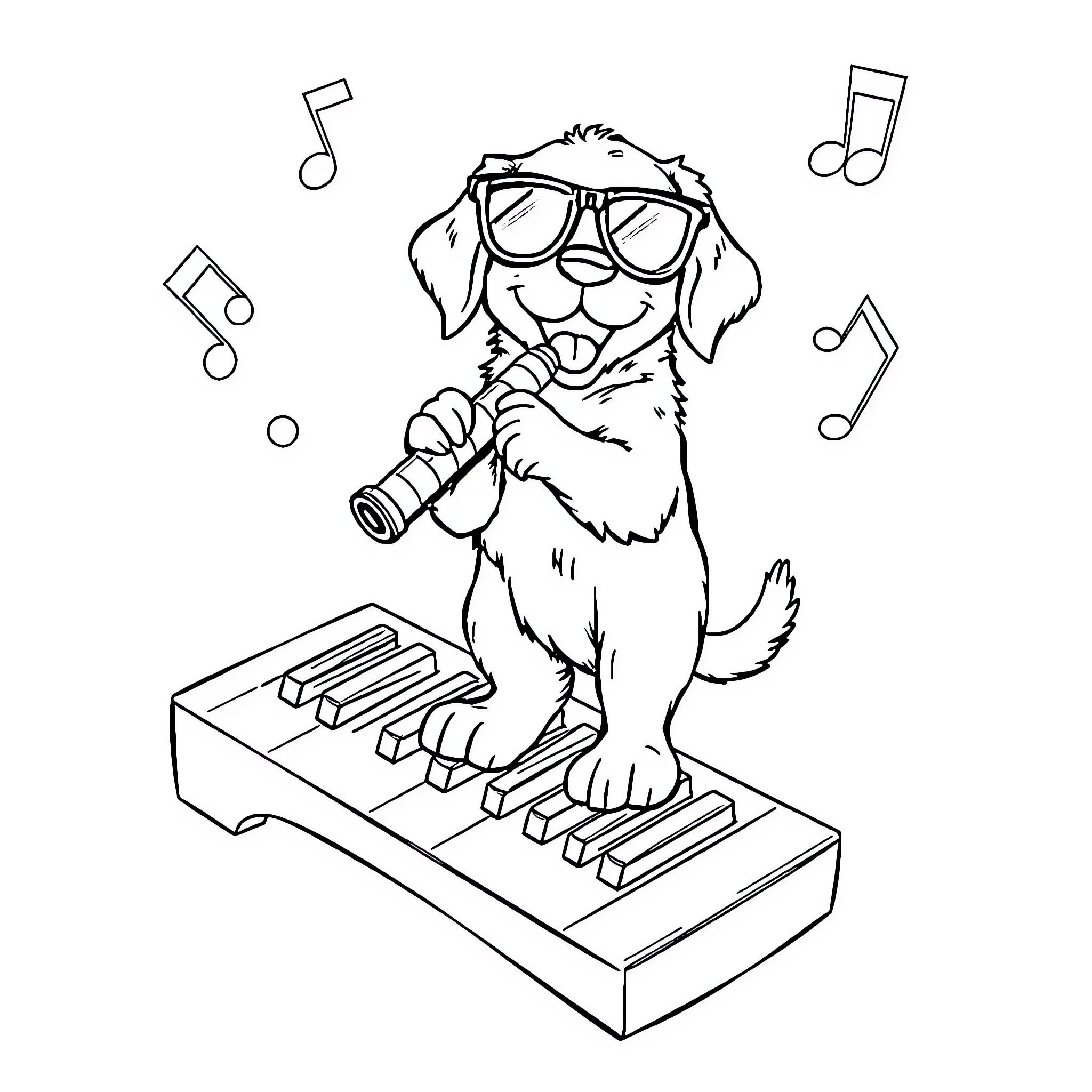 Puppy playing music with keyboard and microphone Coloring Page (free black-and-white line drawing printable PDF for all, from beginners to advanced learners, including children, teens, adults, and seniors)