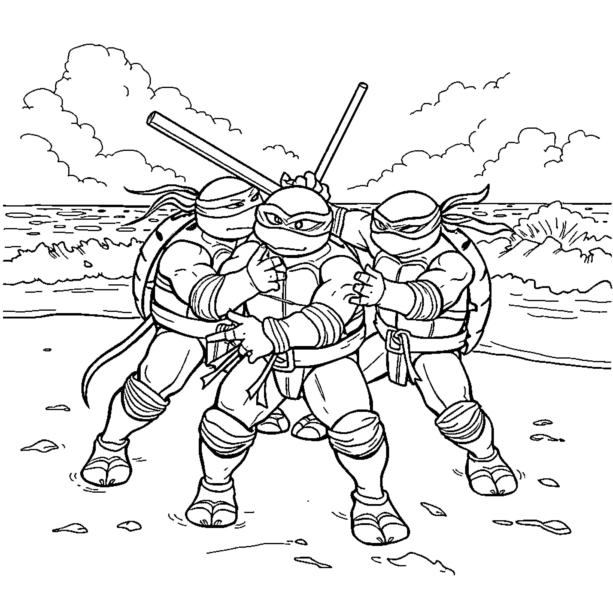 Ninja Turtles posing heroically with weapons on a beach Coloring Page (free black-and-white line drawing printable PDF for all, from beginners to advanced learners, including children, teens, adults, and seniors)