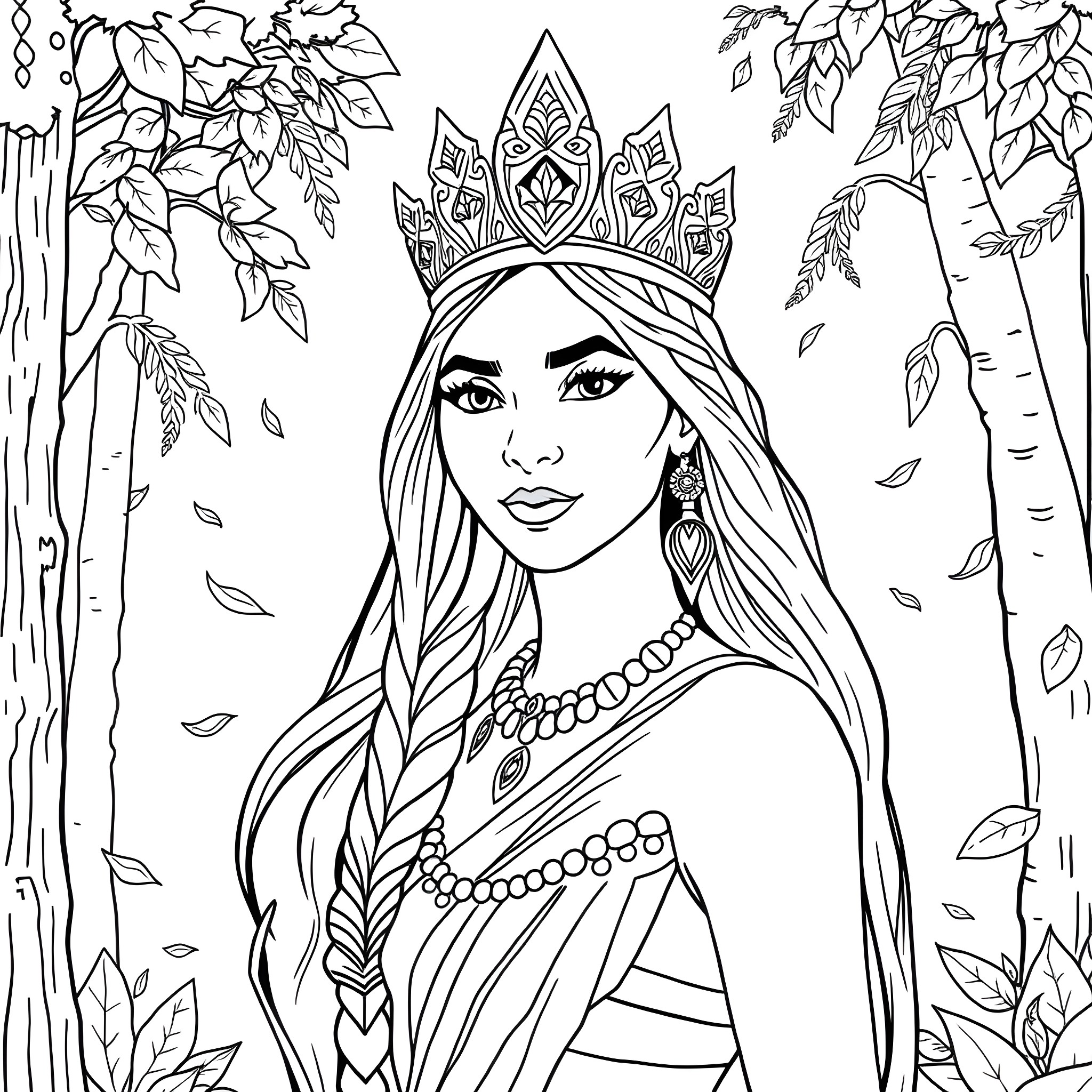 Pocahontas as a regal princess in a forested setting Coloring Page (free black-and-white line drawing printable PDF for all, from beginners to advanced learners, including children, teens, adults, and seniors)