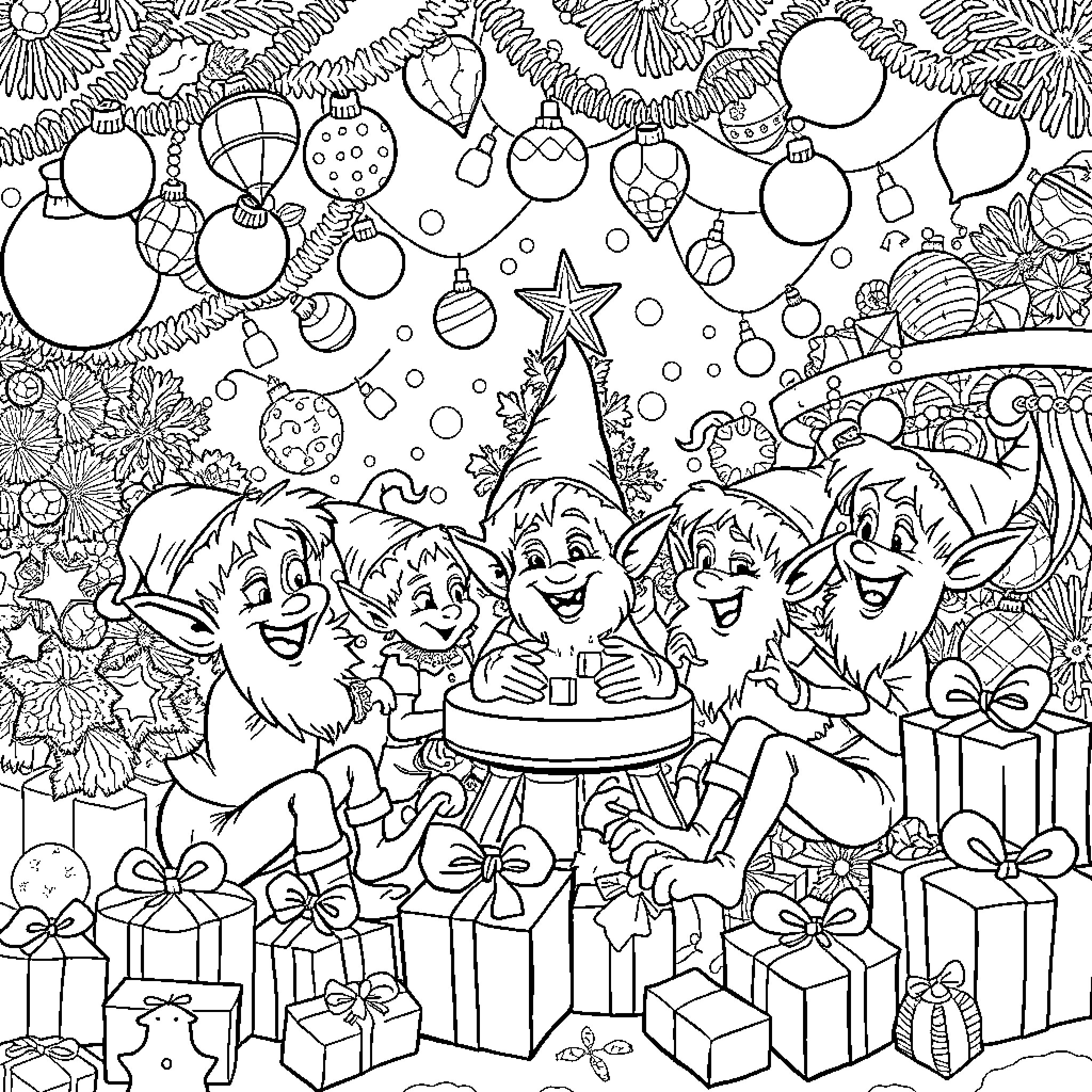 Elf Friends Celebrating in Festive Wonderland Coloring Page (free black-and-white line drawing printable PDF for all, from beginners to advanced learners, including children, teens, adults, and seniors)