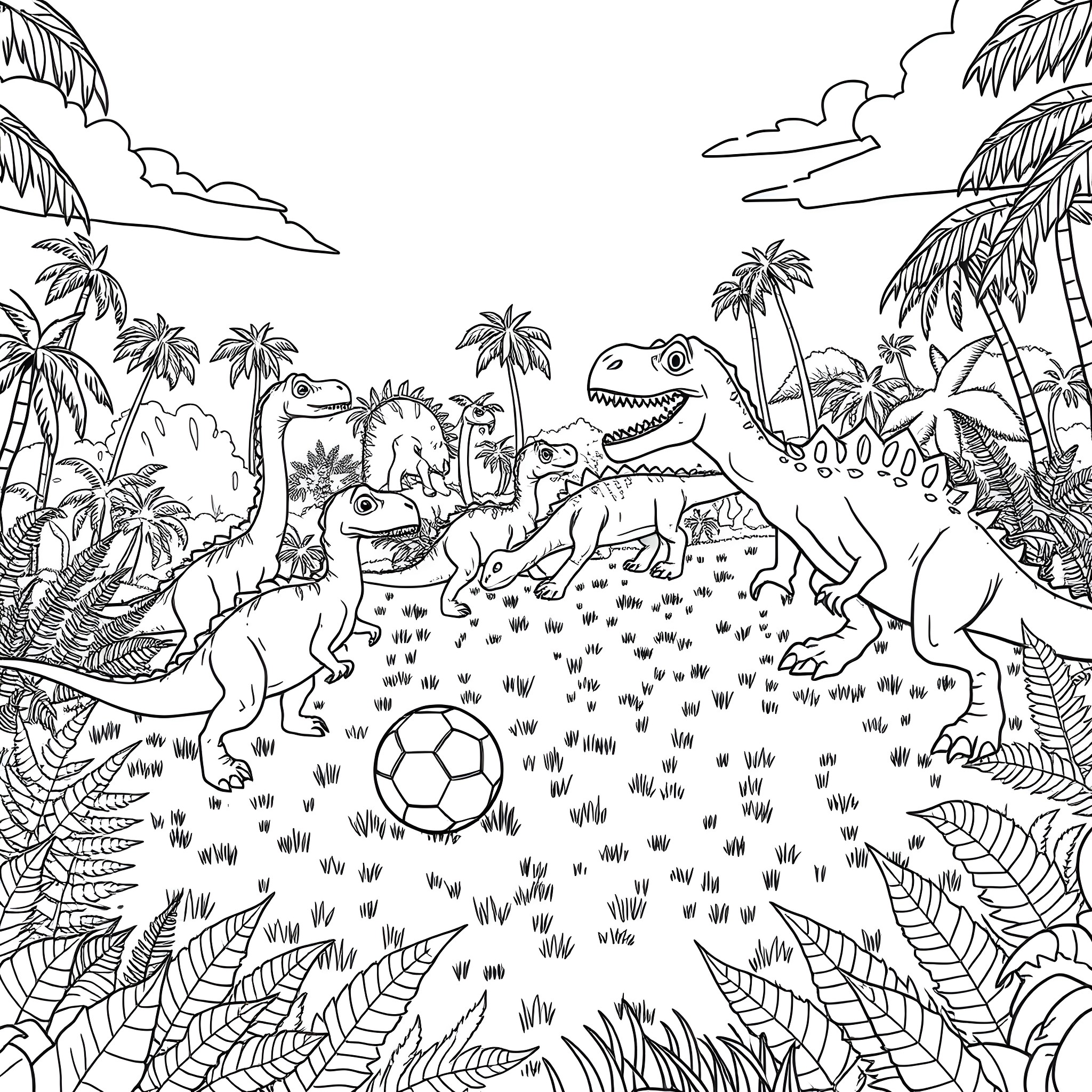 Dinosaurs playing soccer in a tropical jungle scene Coloring Page (free black-and-white line drawing printable PDF for all, from beginners to advanced learners, including children, teens, adults, and seniors)