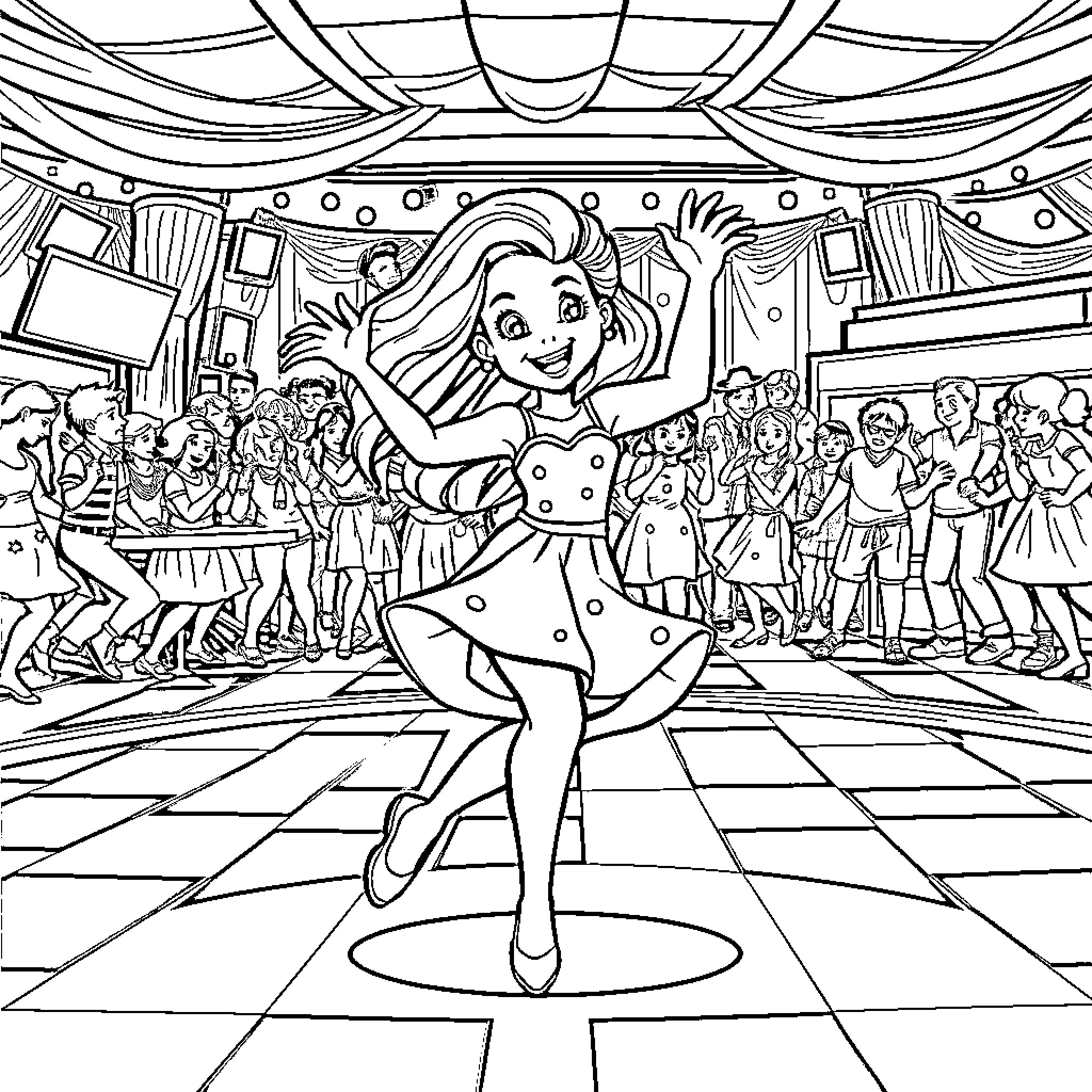 Zoey dancing cheerfully on stage with crowd Coloring Page (free black-and-white line drawing printable PDF for all, from beginners to advanced learners, including children, teens, adults, and seniors)