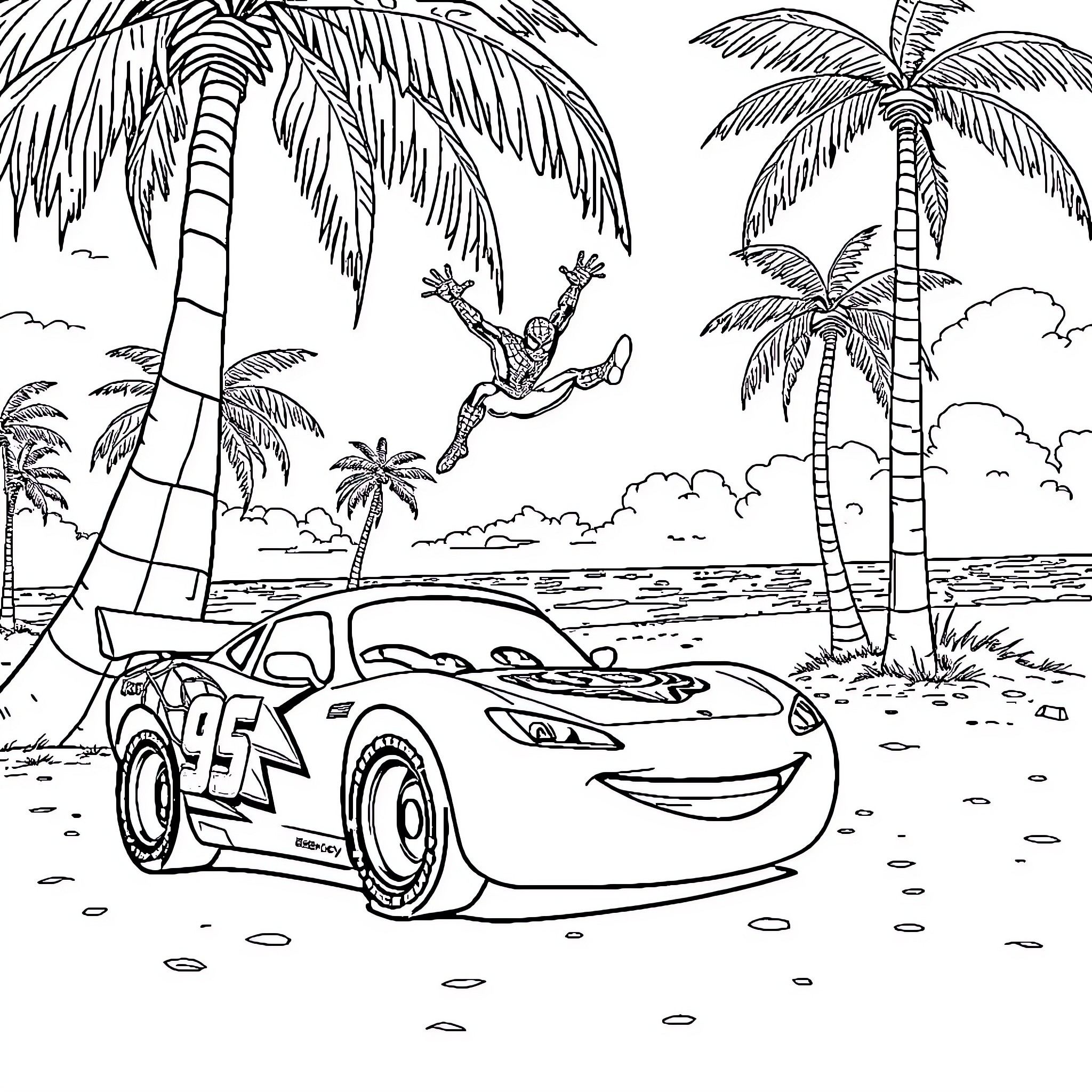 Spidey racing car on tropical beach Coloring Page (free black-and-white line drawing printable PDF for all, from beginners to advanced learners, including children, teens, adults, and seniors)