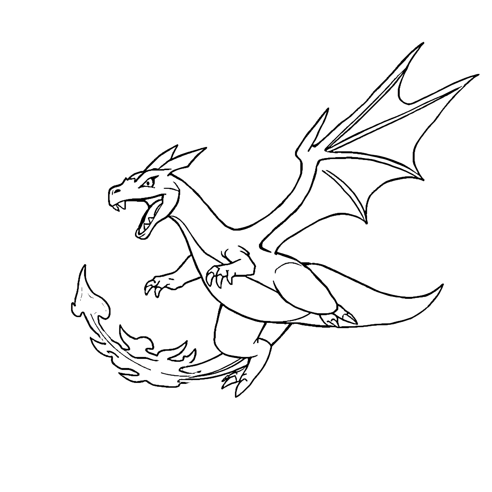 Charizard ferociously breathing fire Coloring Page (free black-and-white line drawing printable PDF for all, from beginners to advanced learners, including children, teens, adults, and seniors)