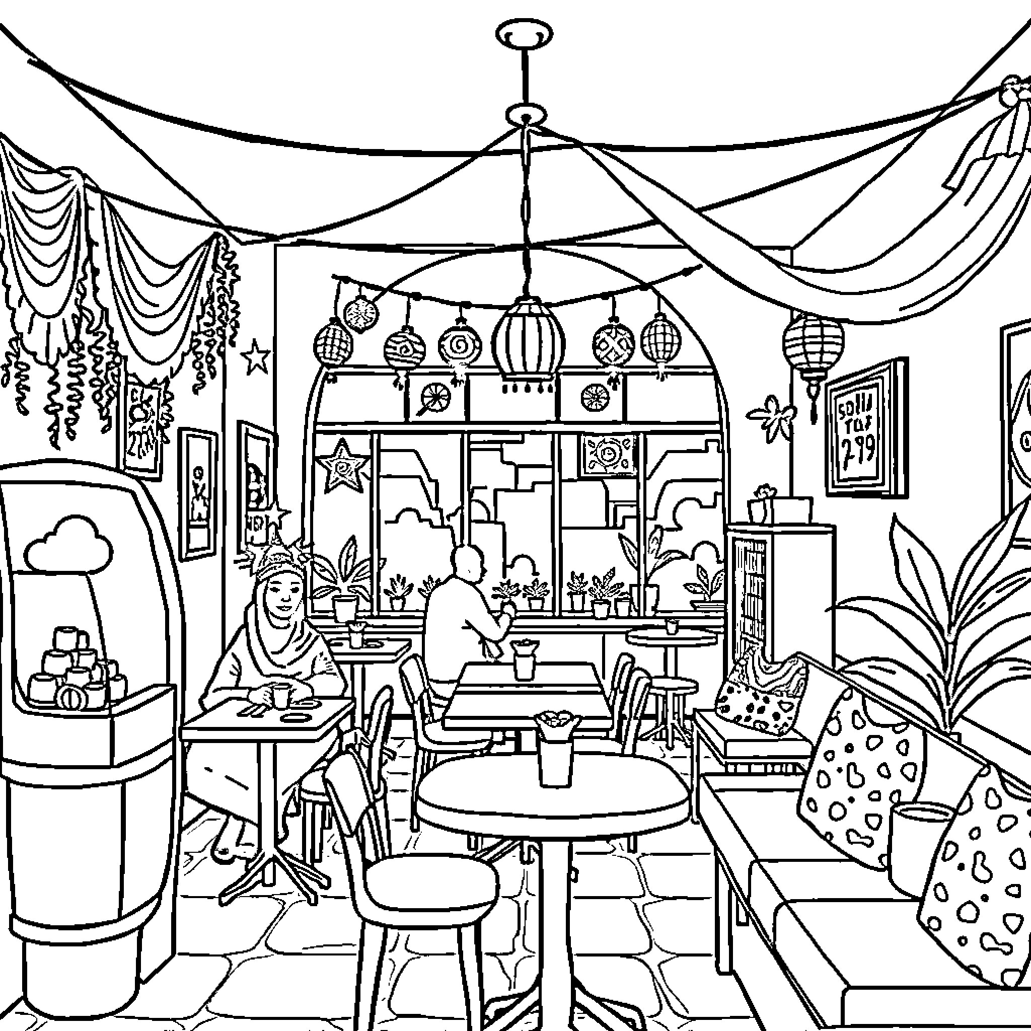 Cafe with Cozy Decor and Relaxed Patrons Coloring Page (free black-and-white line drawing printable PDF for all, from beginners to advanced learners, including children, teens, adults, and seniors)