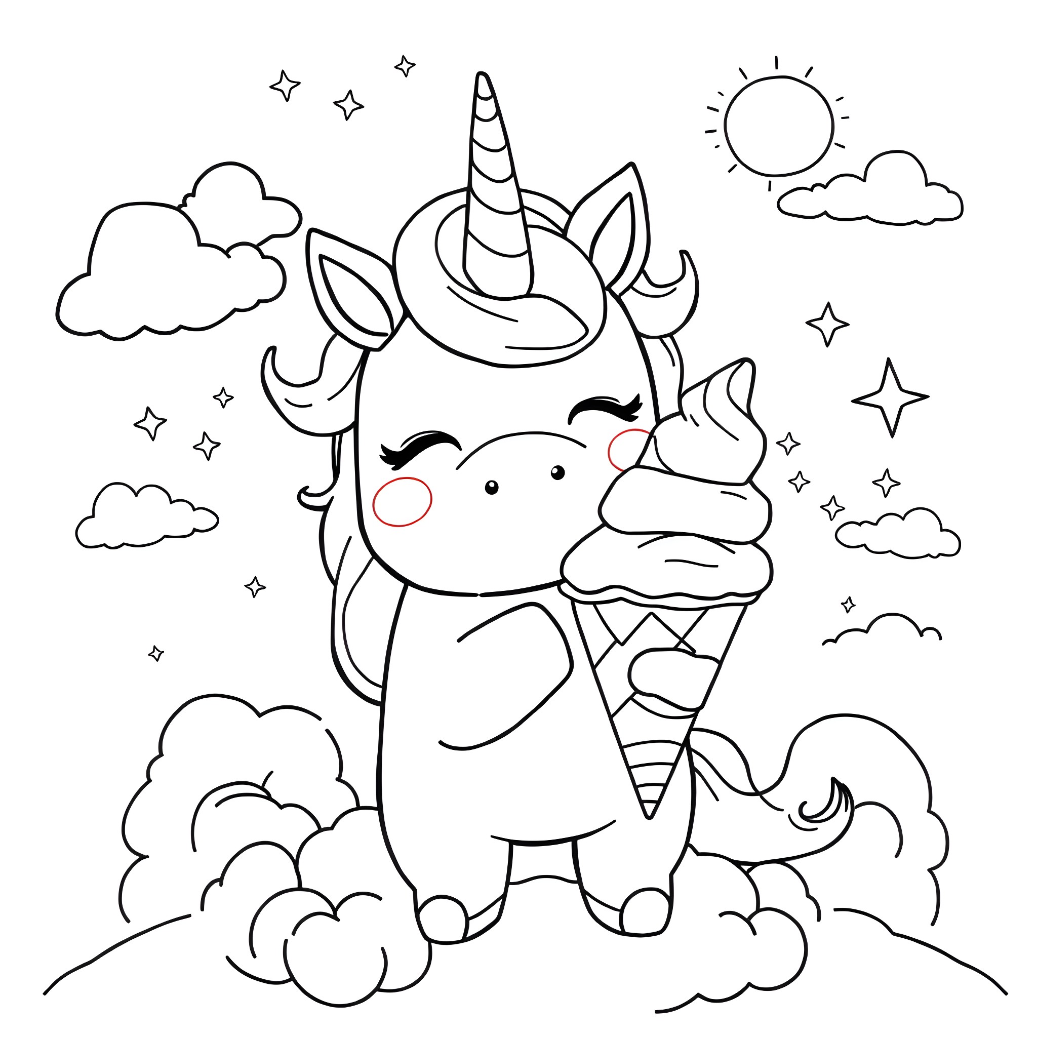 Unicorn enjoying a whimsical ice cream adventure Coloring Page (free black-and-white line drawing printable PDF for all, from beginners to advanced learners, including children, teens, adults, and seniors)