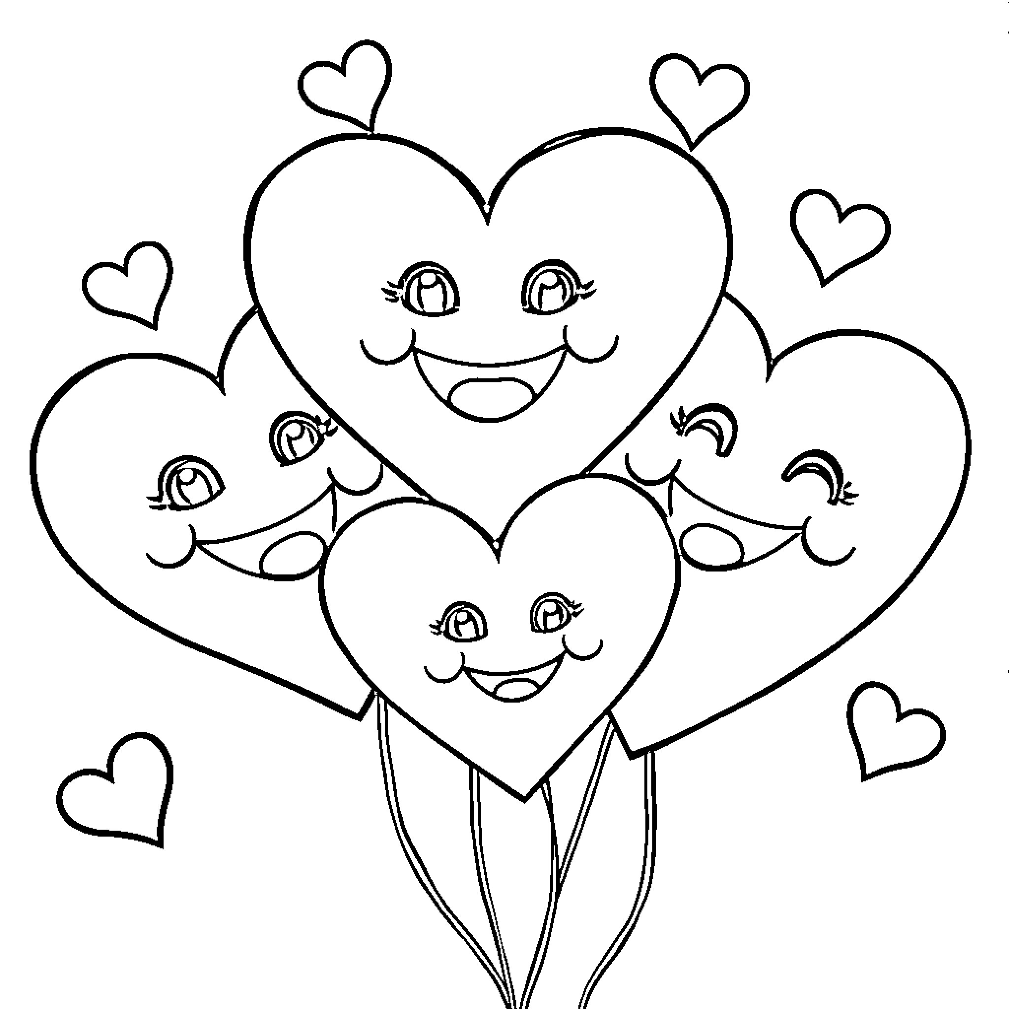Heart-shaped smiling figures surrounded by hearts Coloring Page (free black-and-white line drawing printable PDF for all, from beginners to advanced learners, including children, teens, adults, and seniors)