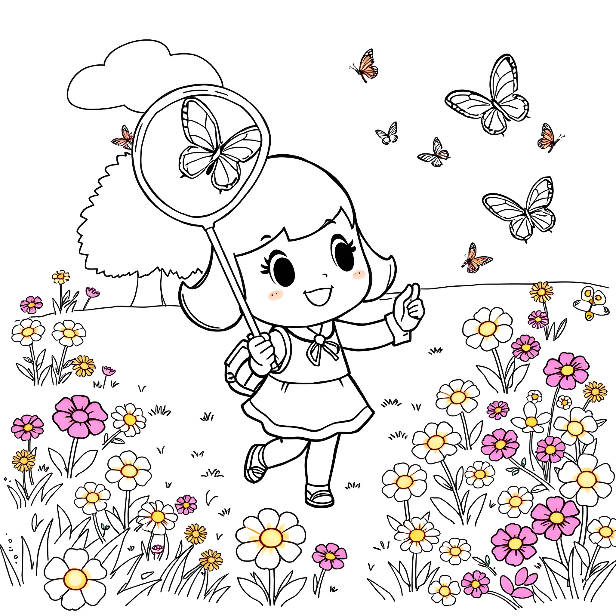 Villager girl chasing butterflies in a flower field Coloring Page (free black-and-white line drawing printable PDF for all, from beginners to advanced learners, including children, teens, adults, and seniors)