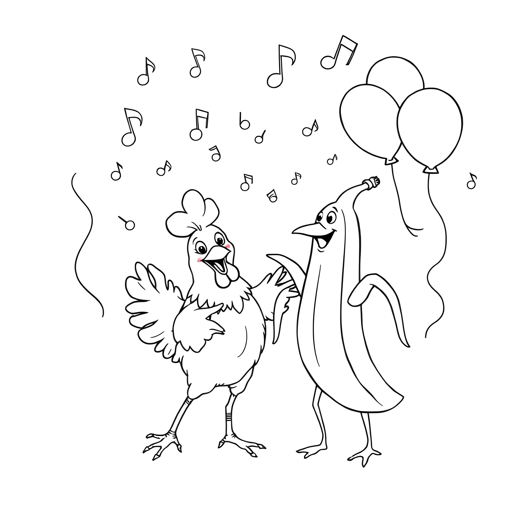 Chicken dancing with balloons and musical notes Coloring Page (free black-and-white line drawing printable PDF for all, from beginners to advanced learners, including children, teens, adults, and seniors)