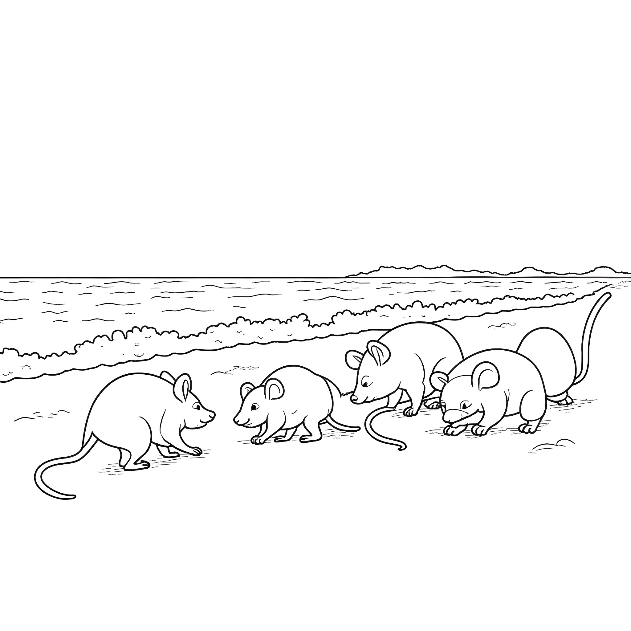 Possum family exploring the beach Coloring Page (free black-and-white line drawing printable PDF for all, from beginners to advanced learners, including children, teens, adults, and seniors)