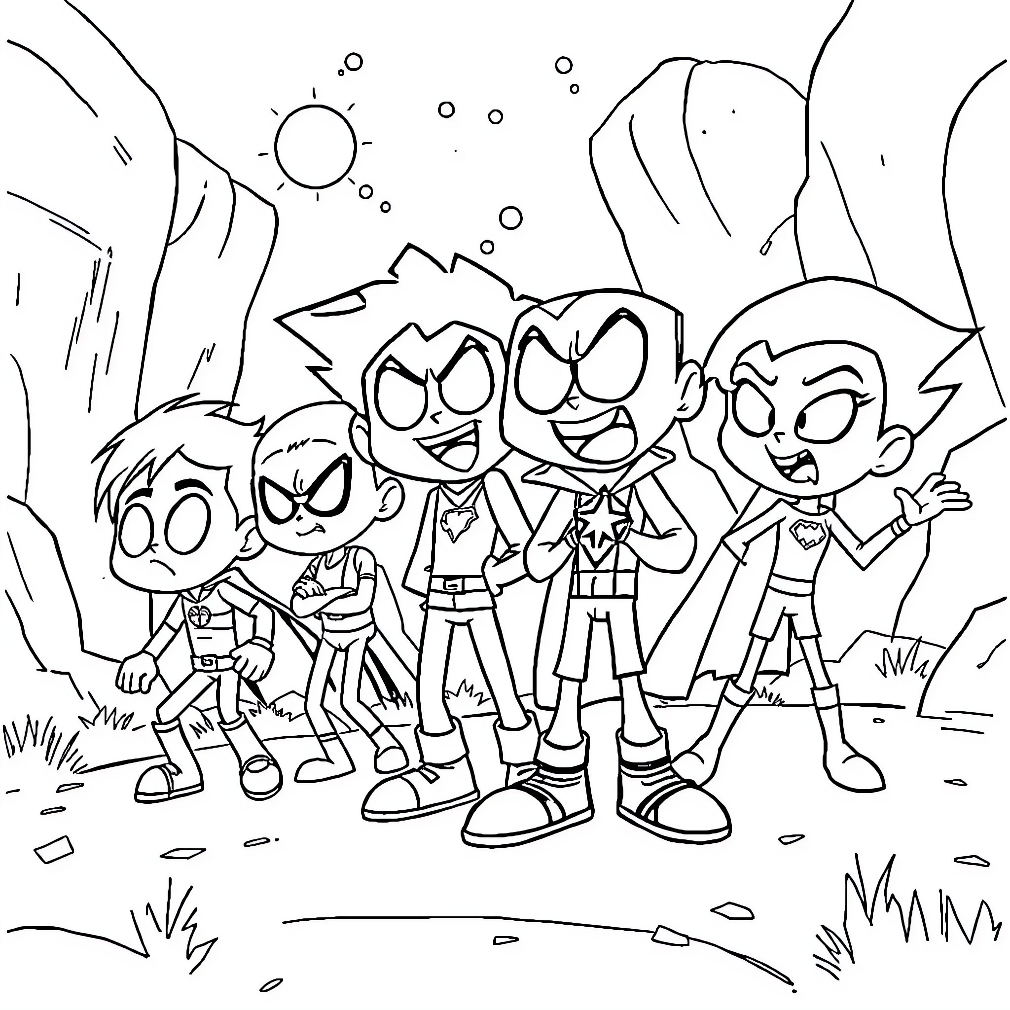 Teen Titans Enjoying Outdoor Adventure Coloring Page (free black-and-white line drawing printable PDF for all, from beginners to advanced learners, including children, teens, adults, and seniors)