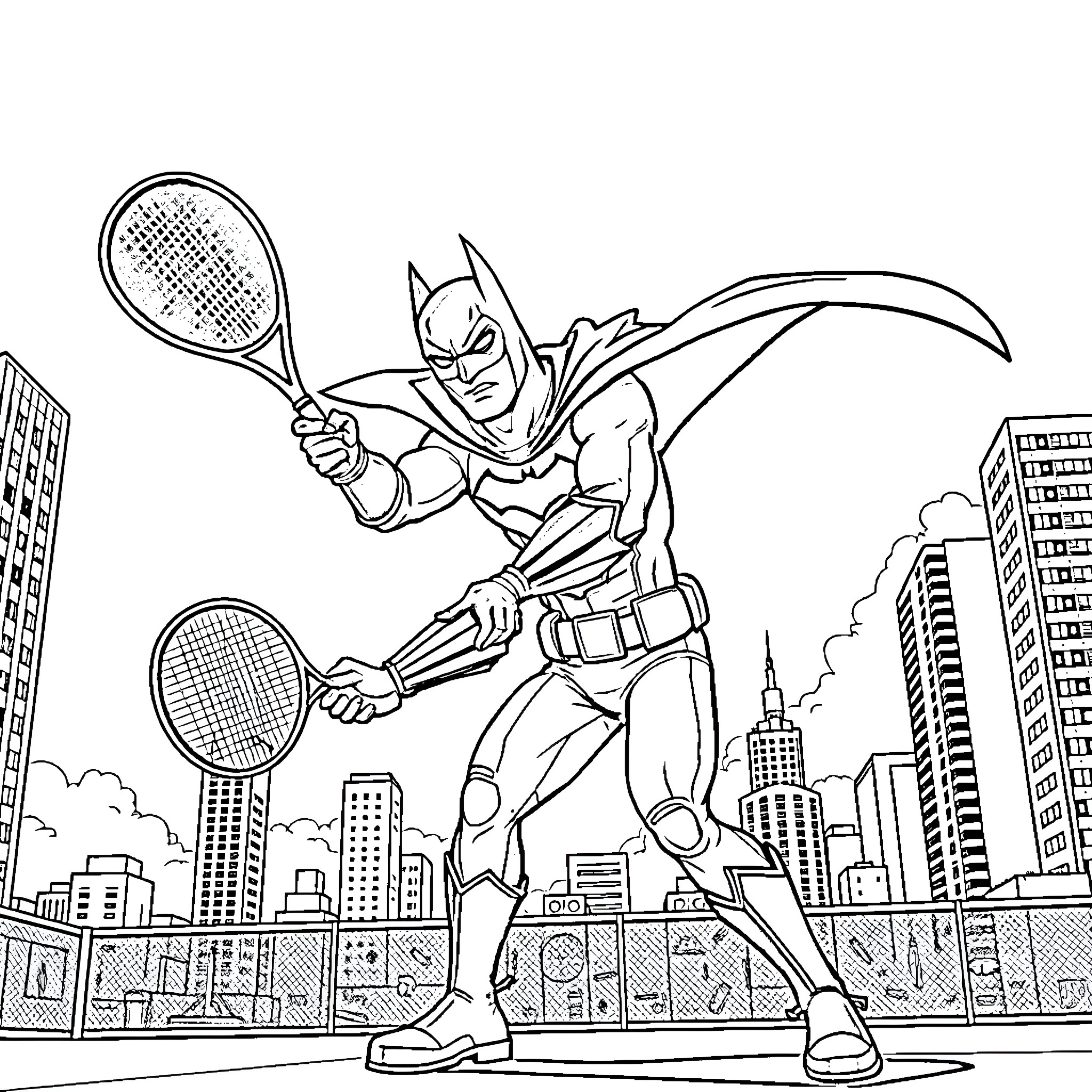 Batman swings through the city with tennis rackets Coloring Page (free black-and-white line drawing printable PDF for all, from beginners to advanced learners, including children, teens, adults, and seniors)