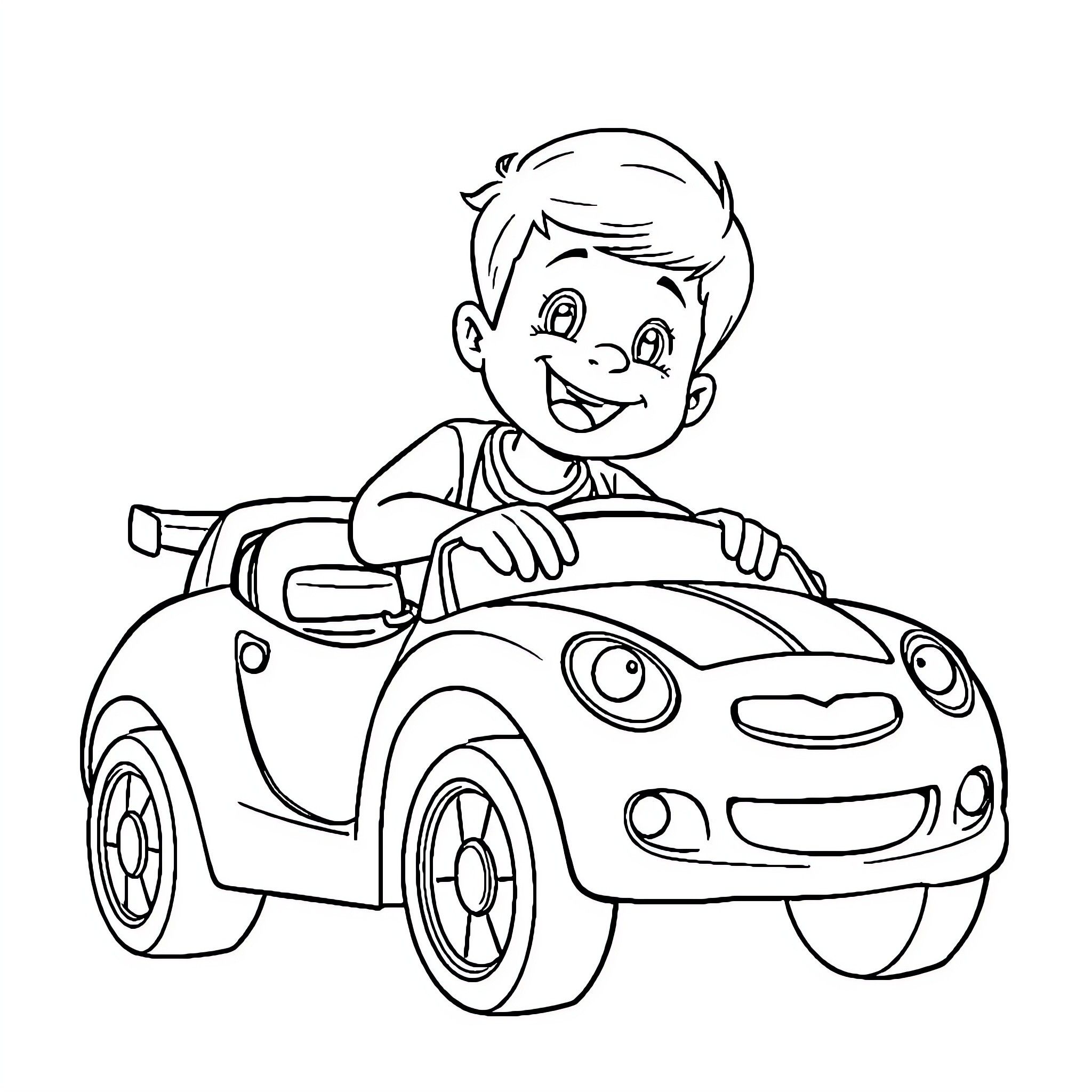 Boy driving a toy car with joy Coloring Page (free black-and-white line drawing printable PDF for all, from beginners to advanced learners, including children, teens, adults, and seniors)