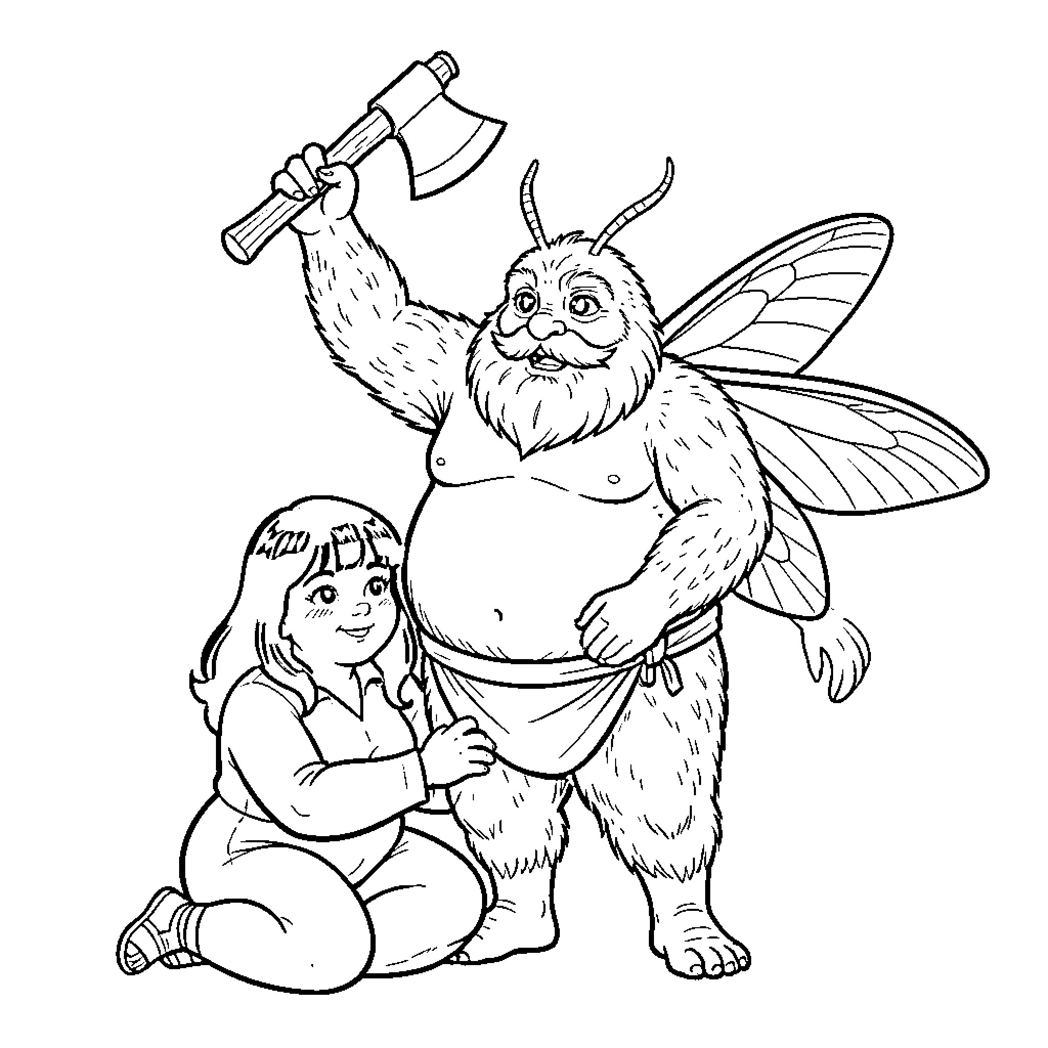 Mothman holding an axe while standing with a child Coloring Page (free black-and-white line drawing printable PDF for all, from beginners to advanced learners, including children, teens, adults, and seniors)