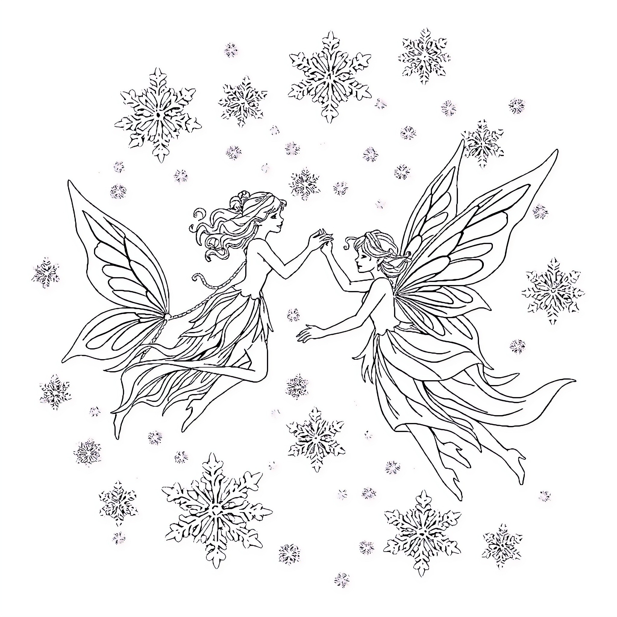 Ice Fairy Fairies Dancing Amidst Snowflakes Coloring Page (free black-and-white line drawing printable PDF for all, from beginners to advanced learners, including children, teens, adults, and seniors)