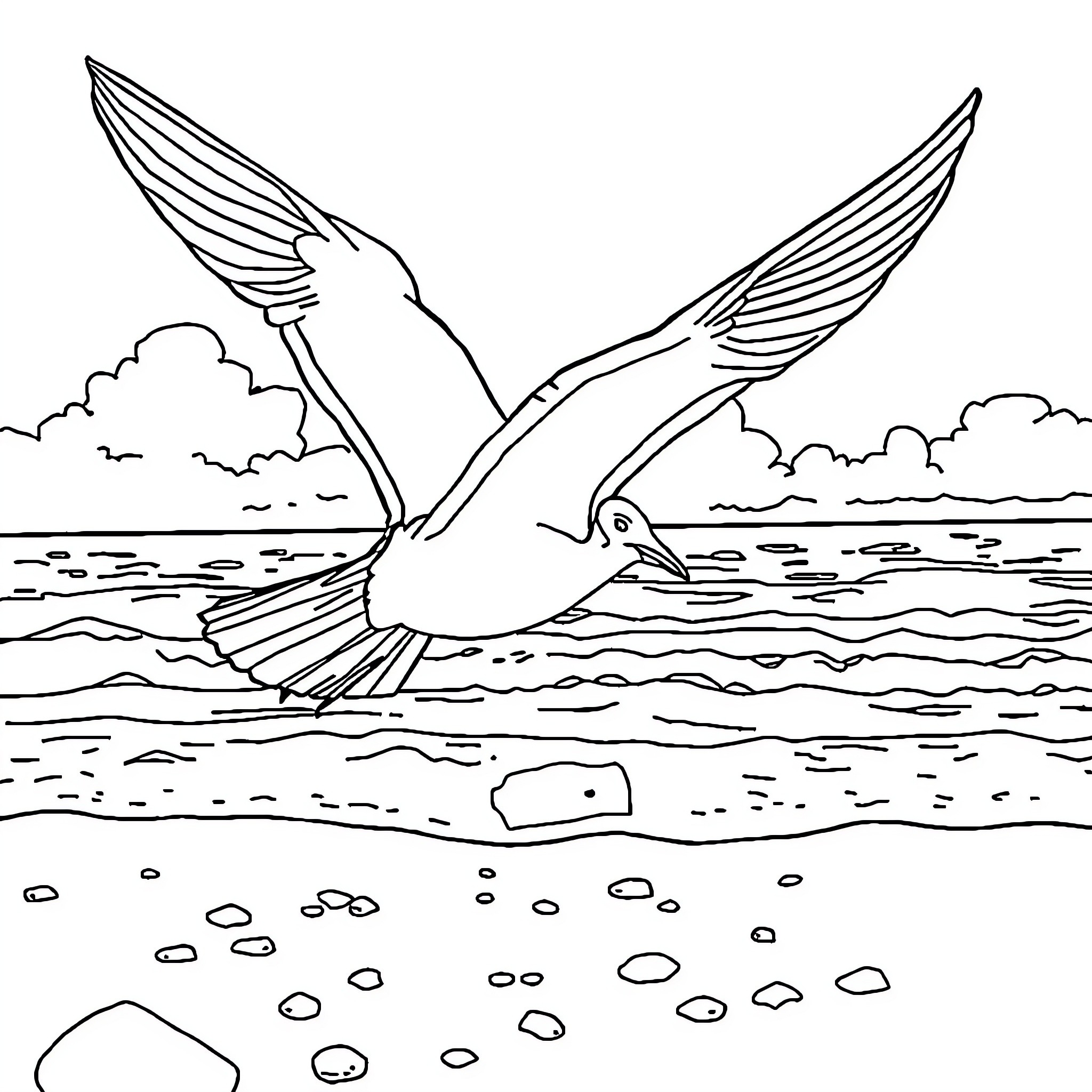 Seagull soaring gracefully over the ocean Coloring Page (free black-and-white line drawing printable PDF for all, from beginners to advanced learners, including children, teens, adults, and seniors)
