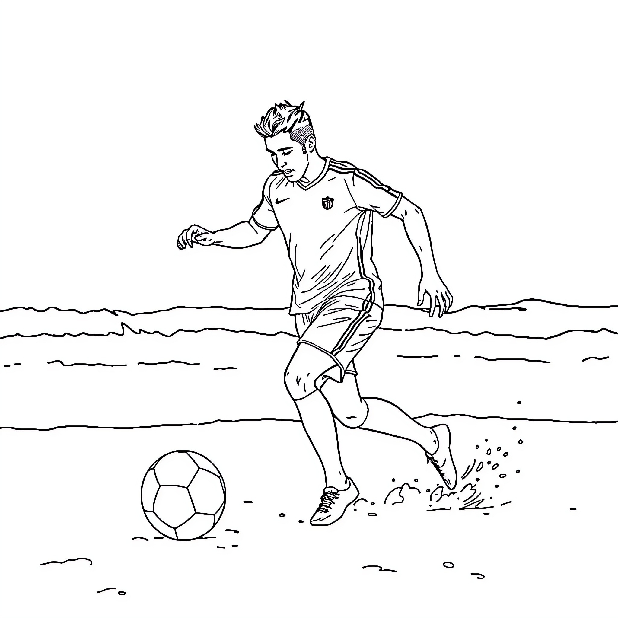 Achraf Hakimi kicking soccer ball on the beach Coloring Page (free black-and-white line drawing printable PDF for all, from beginners to advanced learners, including children, teens, adults, and seniors)