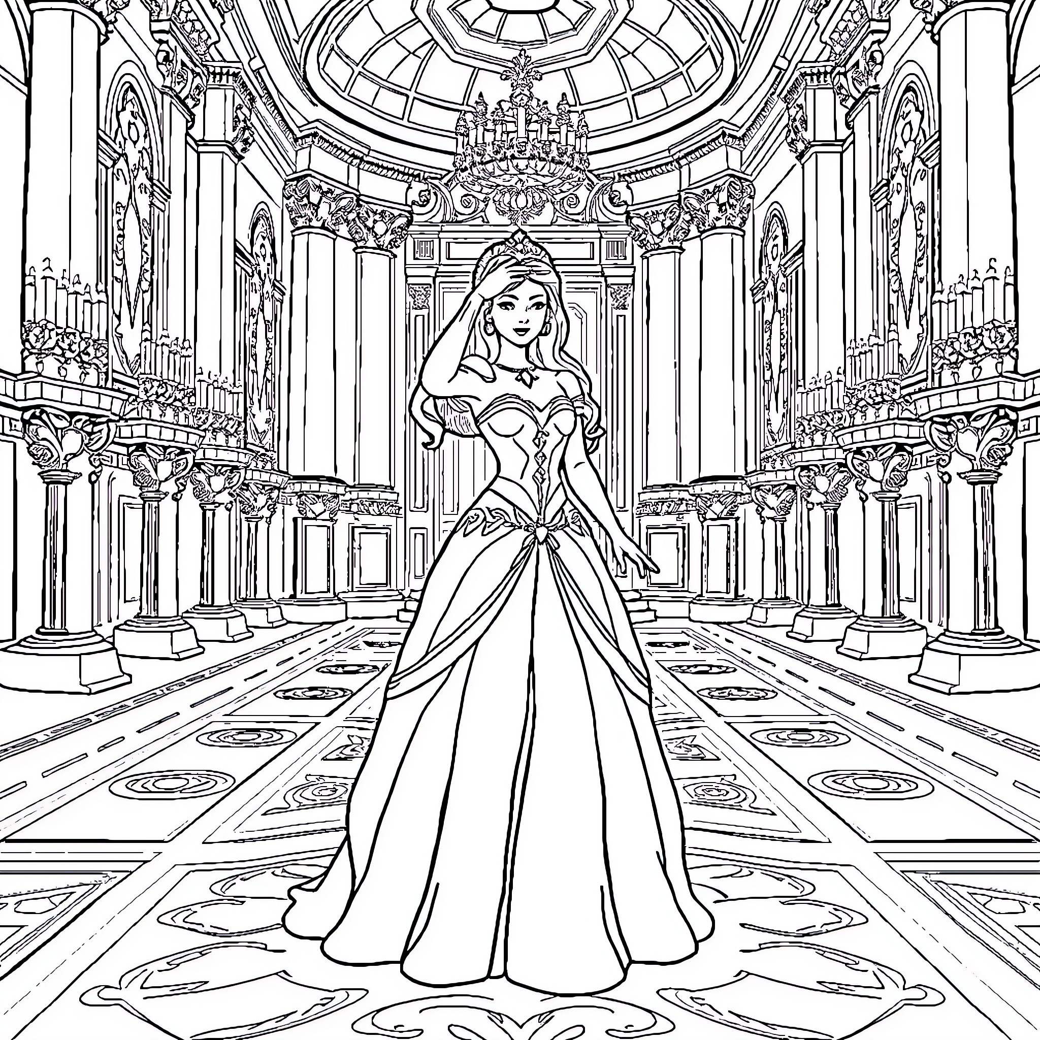 Princess in a Regal Palace Coloring Page (free black-and-white line drawing printable PDF for all, from beginners to advanced learners, including children, teens, adults, and seniors)