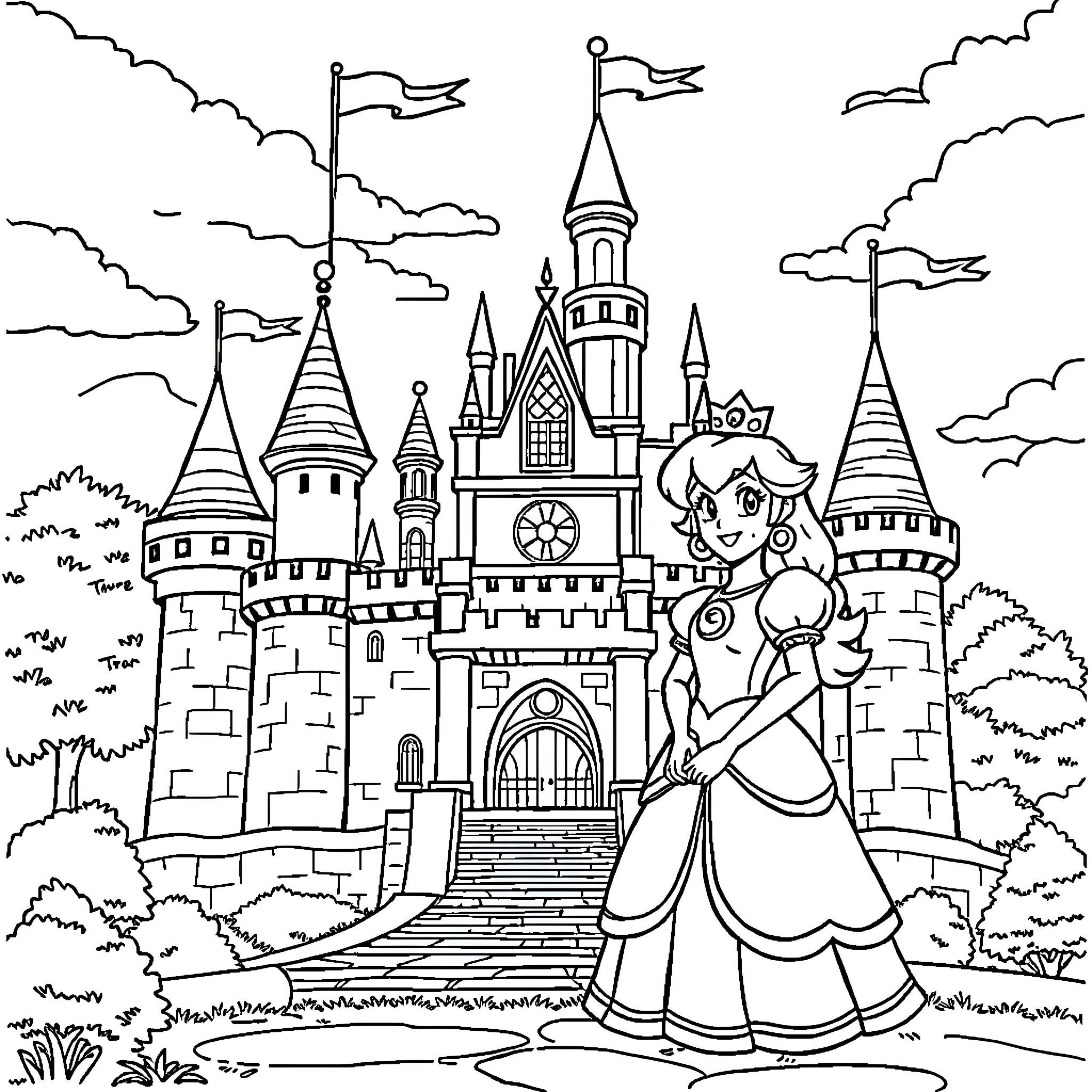 Princess standing in front of a magical castle Coloring Page (free black-and-white line drawing printable PDF for all, from beginners to advanced learners, including children, teens, adults, and seniors)