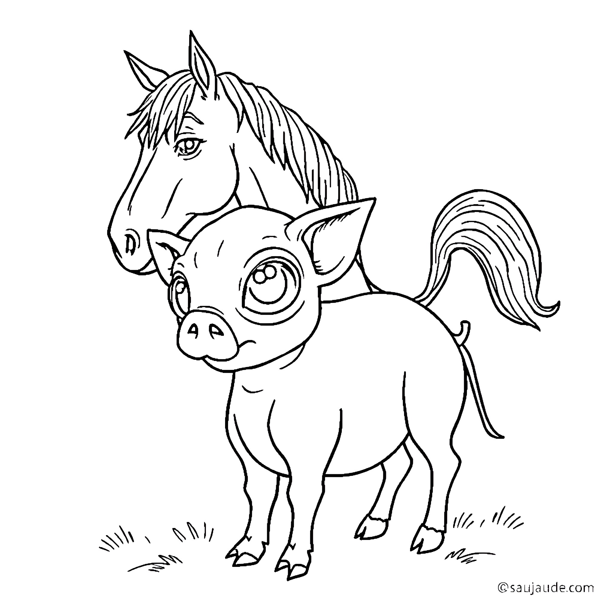 Horse and Pig Playing Together Coloring Page (free black-and-white line drawing printable PDF for all, from beginners to advanced learners, including children, teens, adults, and seniors)