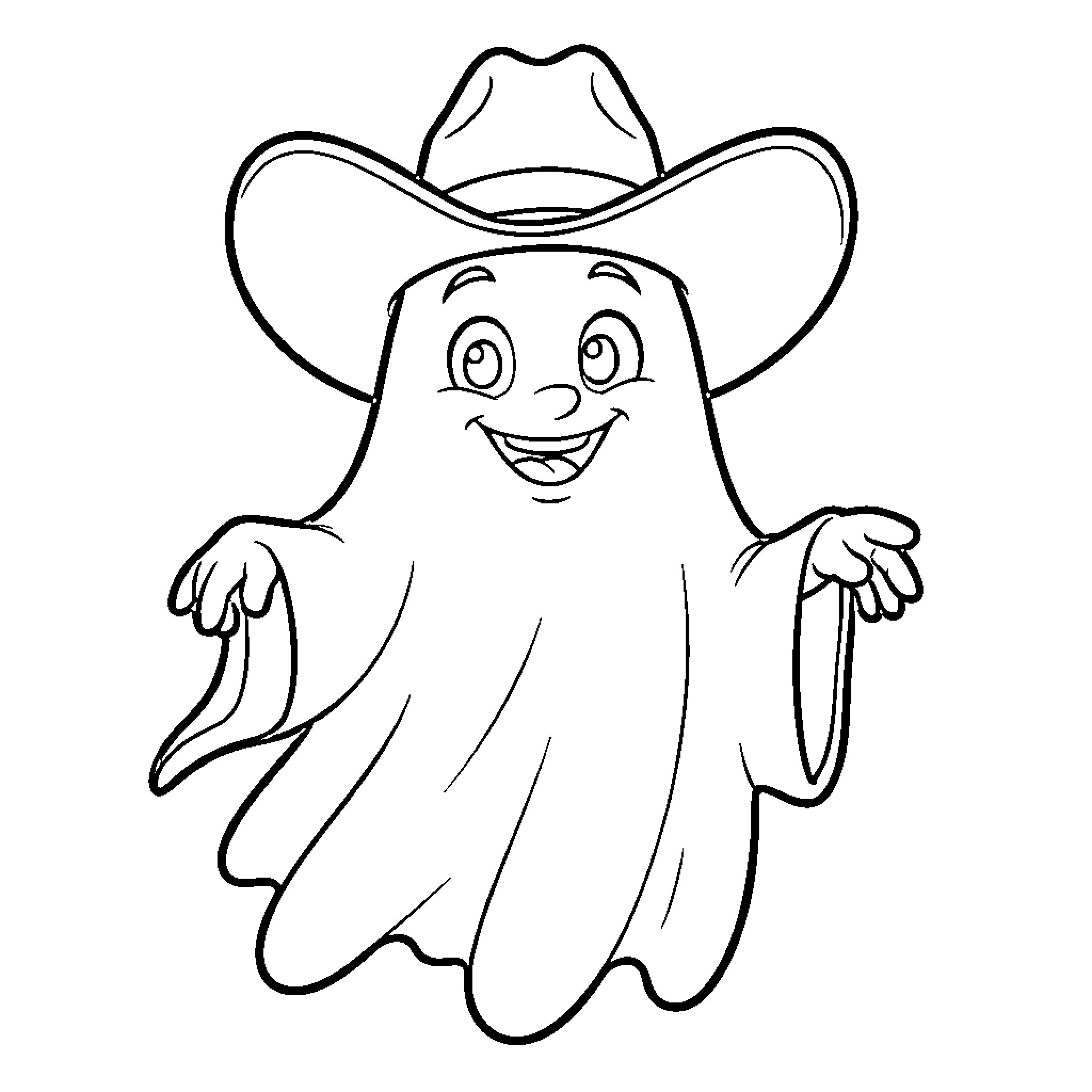 Ghost Cowboy Happily Waving Coloring Page (free black-and-white line drawing printable PDF for all, from beginners to advanced learners, including children, teens, adults, and seniors)