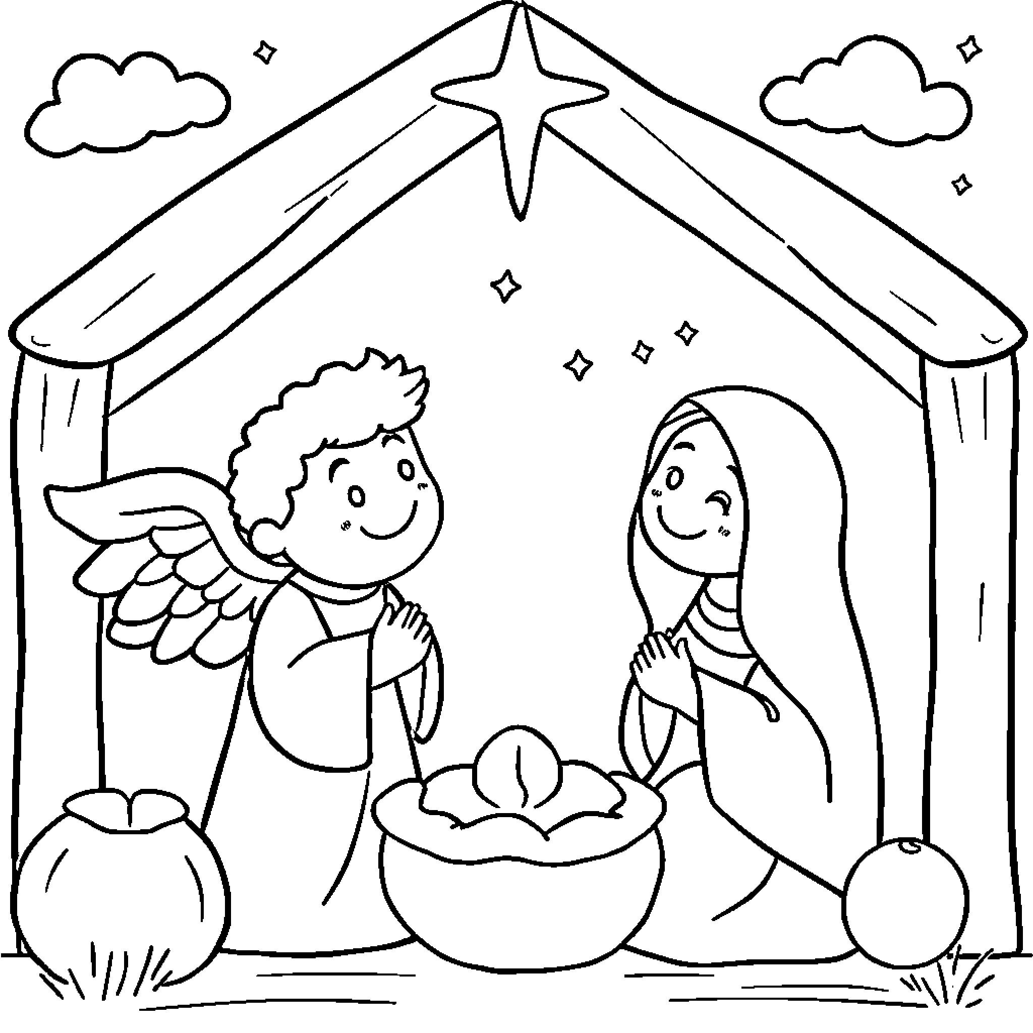 Angel nativity scene with baby Jesus Coloring Page (free black-and-white line drawing printable PDF for all, from beginners to advanced learners, including children, teens, adults, and seniors)