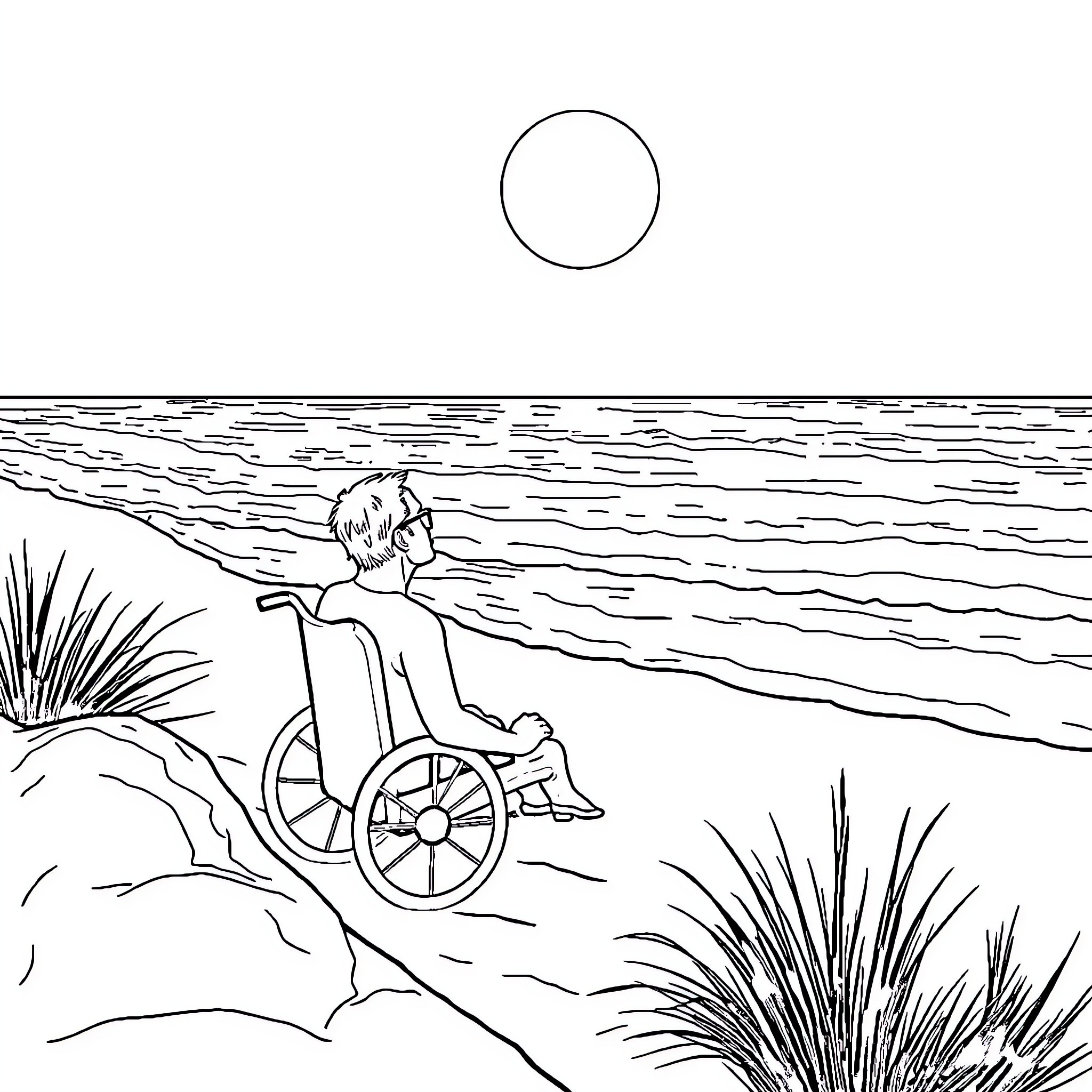 Man in wheelchair overlooking the ocean Coloring Page (free black-and-white line drawing printable PDF for all, from beginners to advanced learners, including children, teens, adults, and seniors)