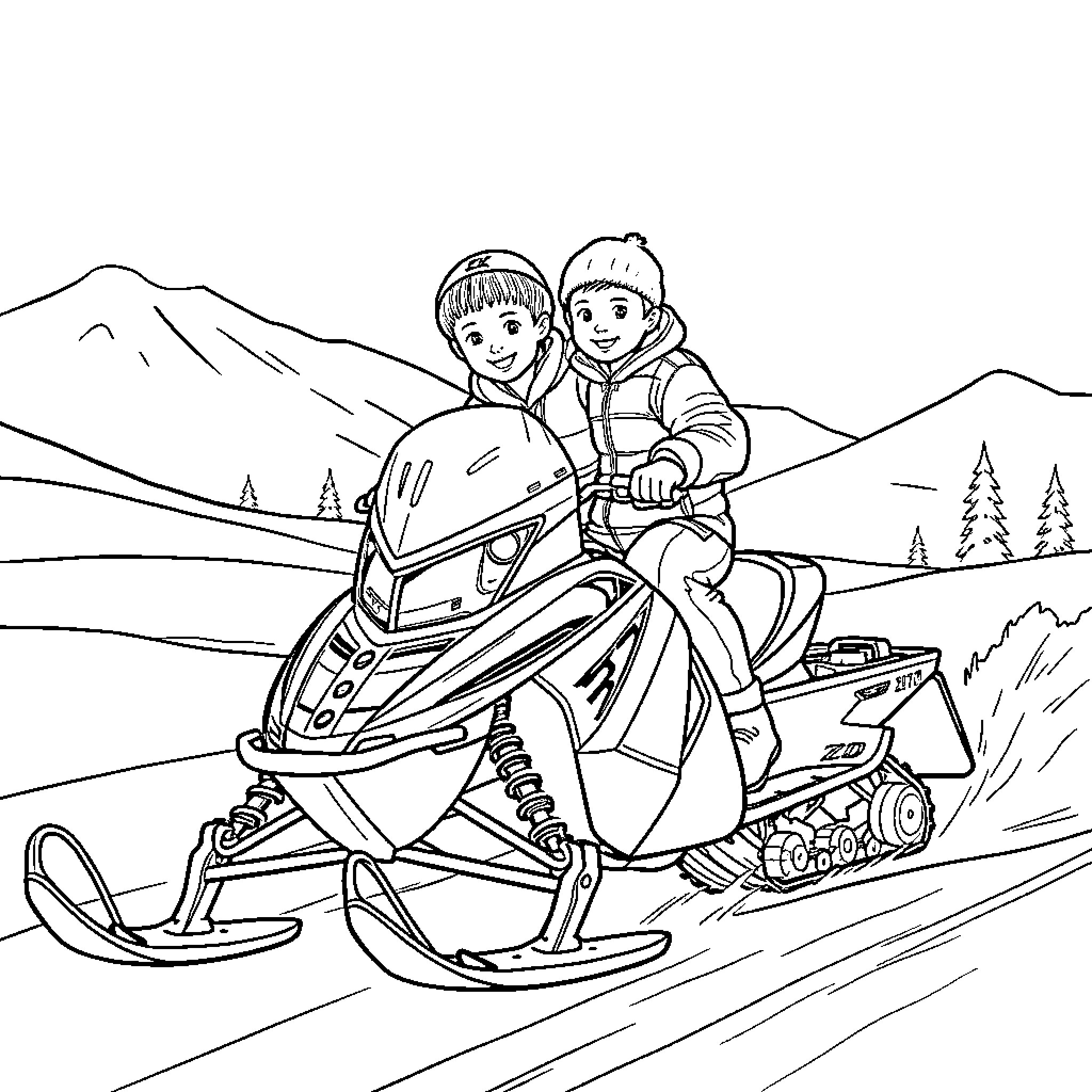 Snowmobile ride through the scenic winter landscape Coloring Page (free black-and-white line drawing printable PDF for all, from beginners to advanced learners, including children, teens, adults, and seniors)