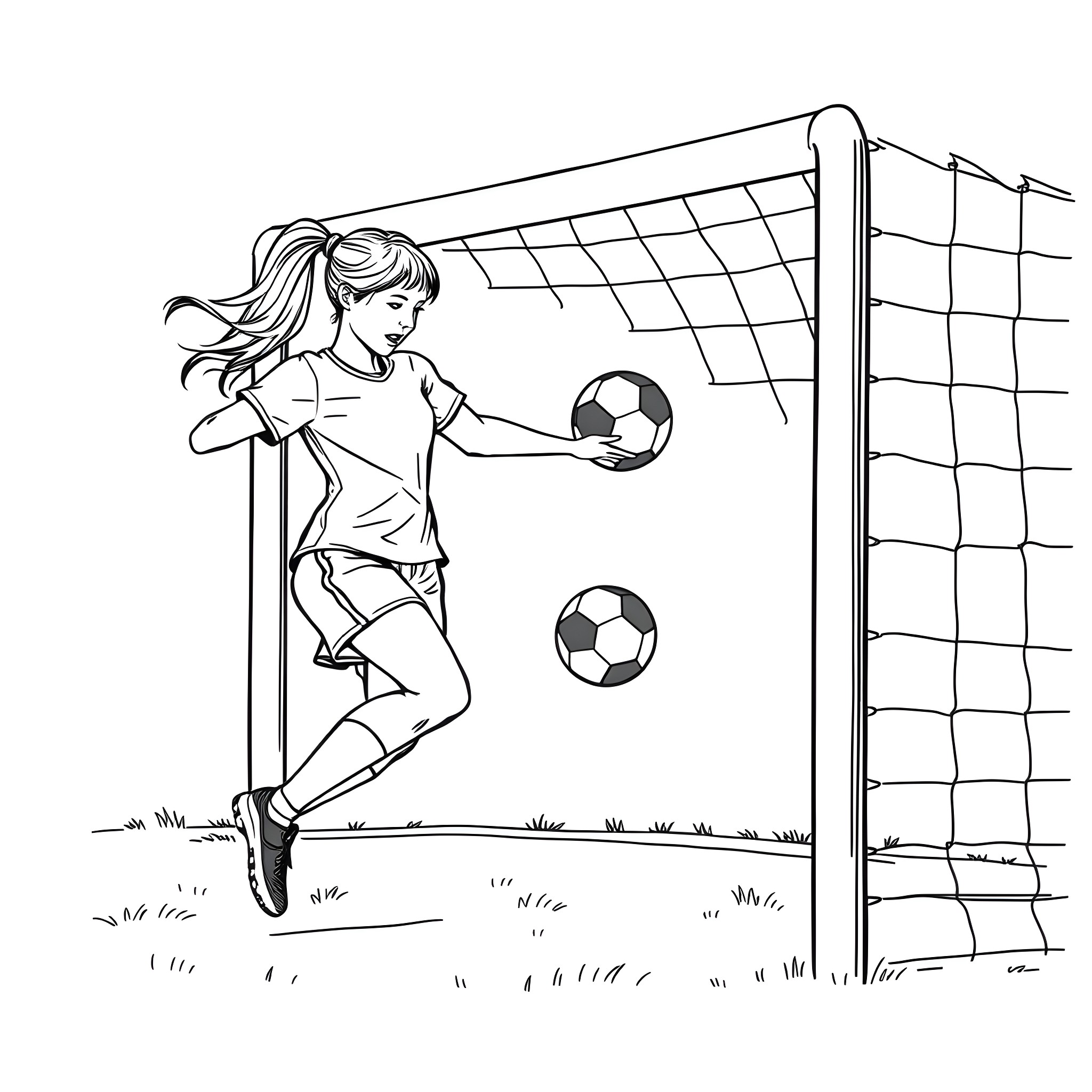 Soccer Player Scoring Goal with Passion and Skill Coloring Page (free black-and-white line drawing printable PDF for all, from beginners to advanced learners, including children, teens, adults, and seniors)