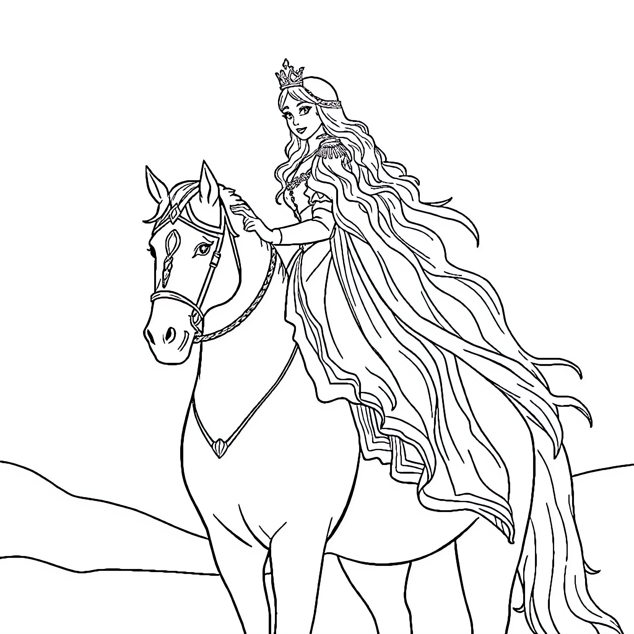 Snow Queen Riding a Majestic Horse Coloring Page (free black-and-white line drawing printable PDF for all, from beginners to advanced learners, including children, teens, adults, and seniors)