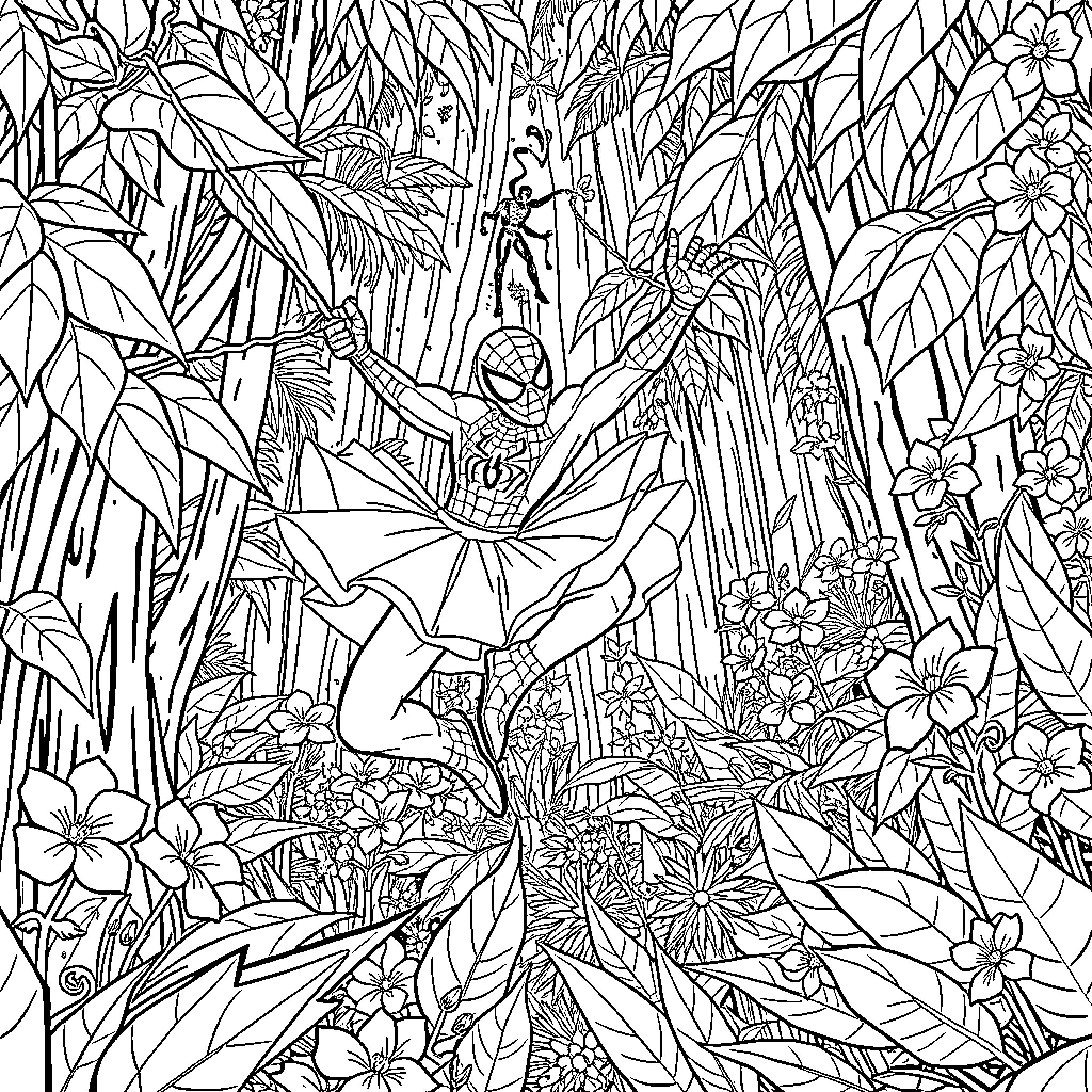 Spiderman swinging through a lush, floral jungle Coloring Page (free black-and-white line drawing printable PDF for all, from beginners to advanced learners, including children, teens, adults, and seniors)