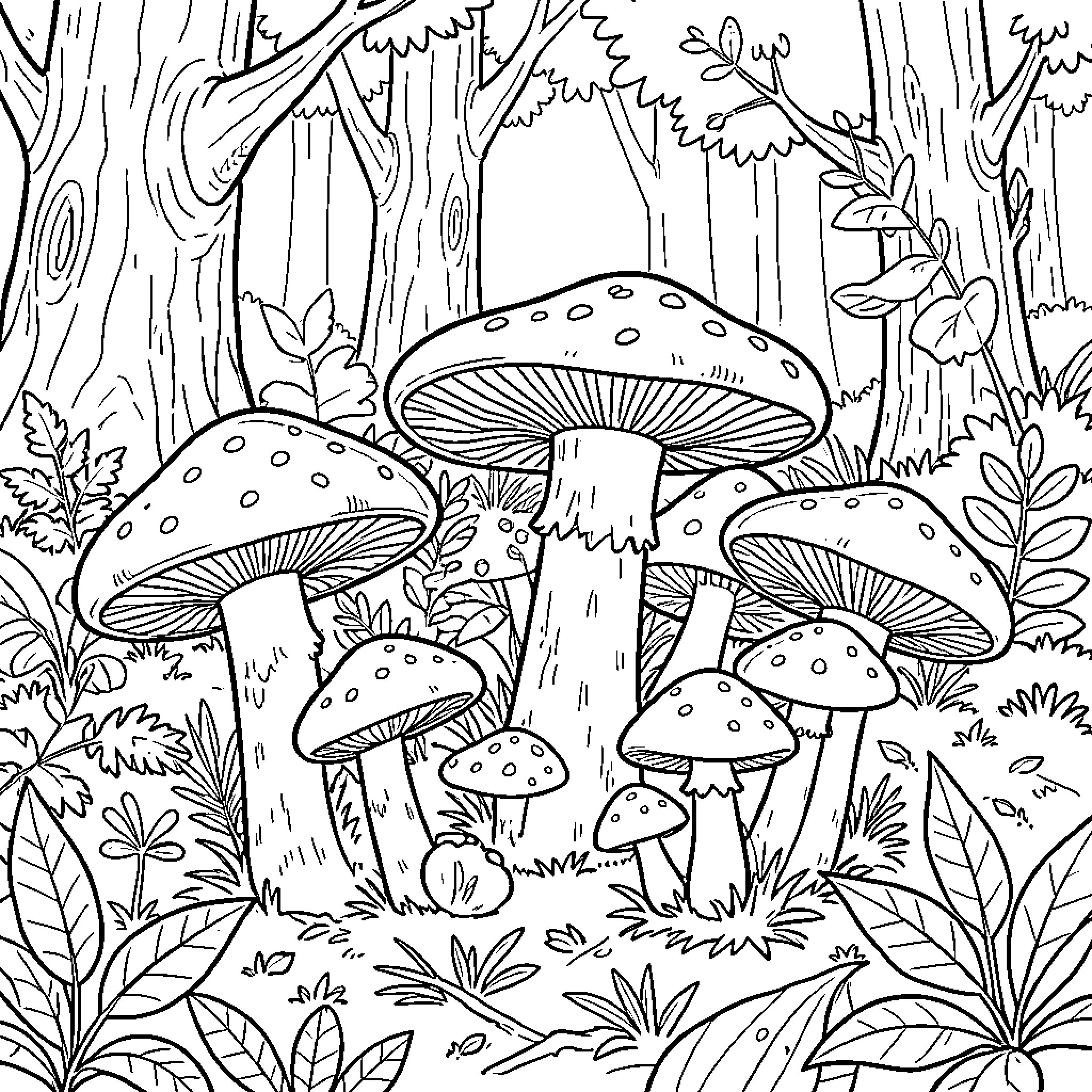 Mushroom Wonderland in the Forest Coloring Page (free black-and-white line drawing printable PDF for all, from beginners to advanced learners, including children, teens, adults, and seniors)