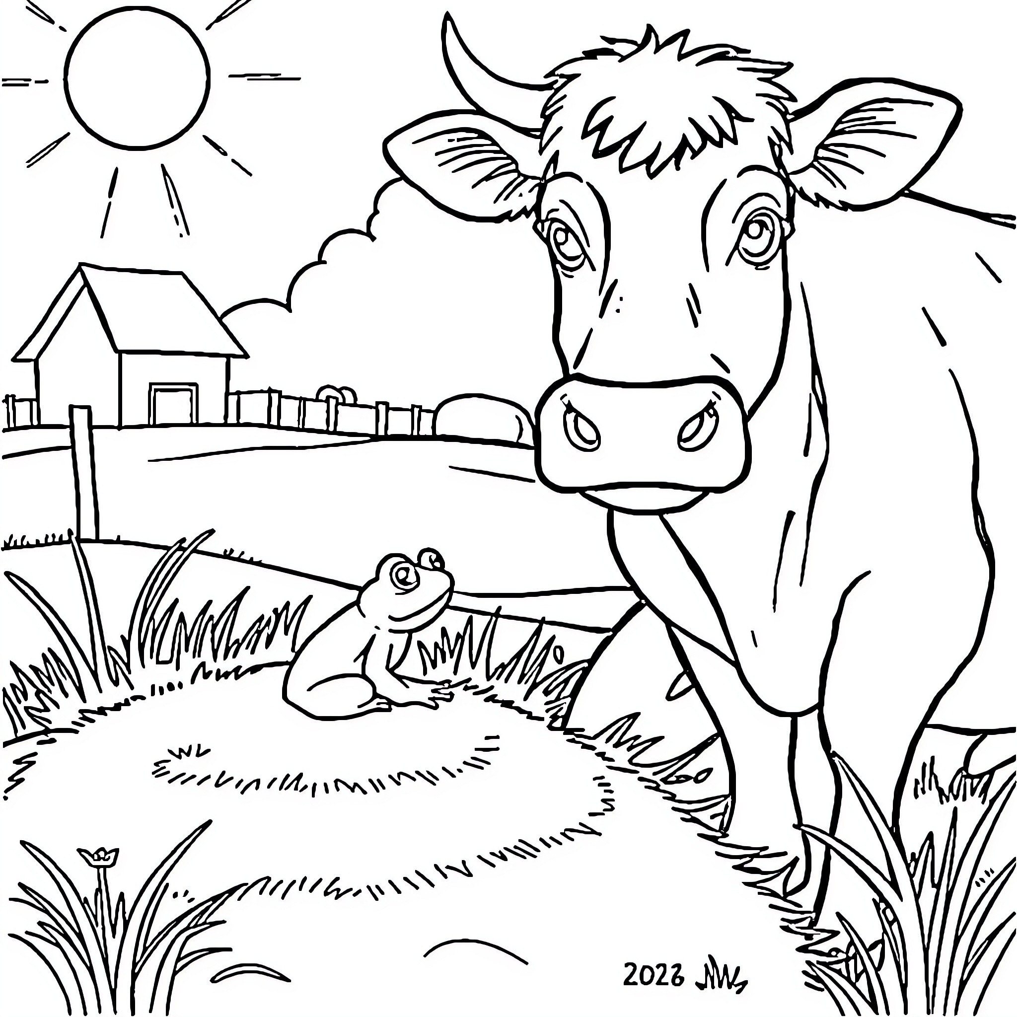Frog and cow in a peaceful country scene Coloring Page (free black-and-white line drawing printable PDF for all, from beginners to advanced learners, including children, teens, adults, and seniors)