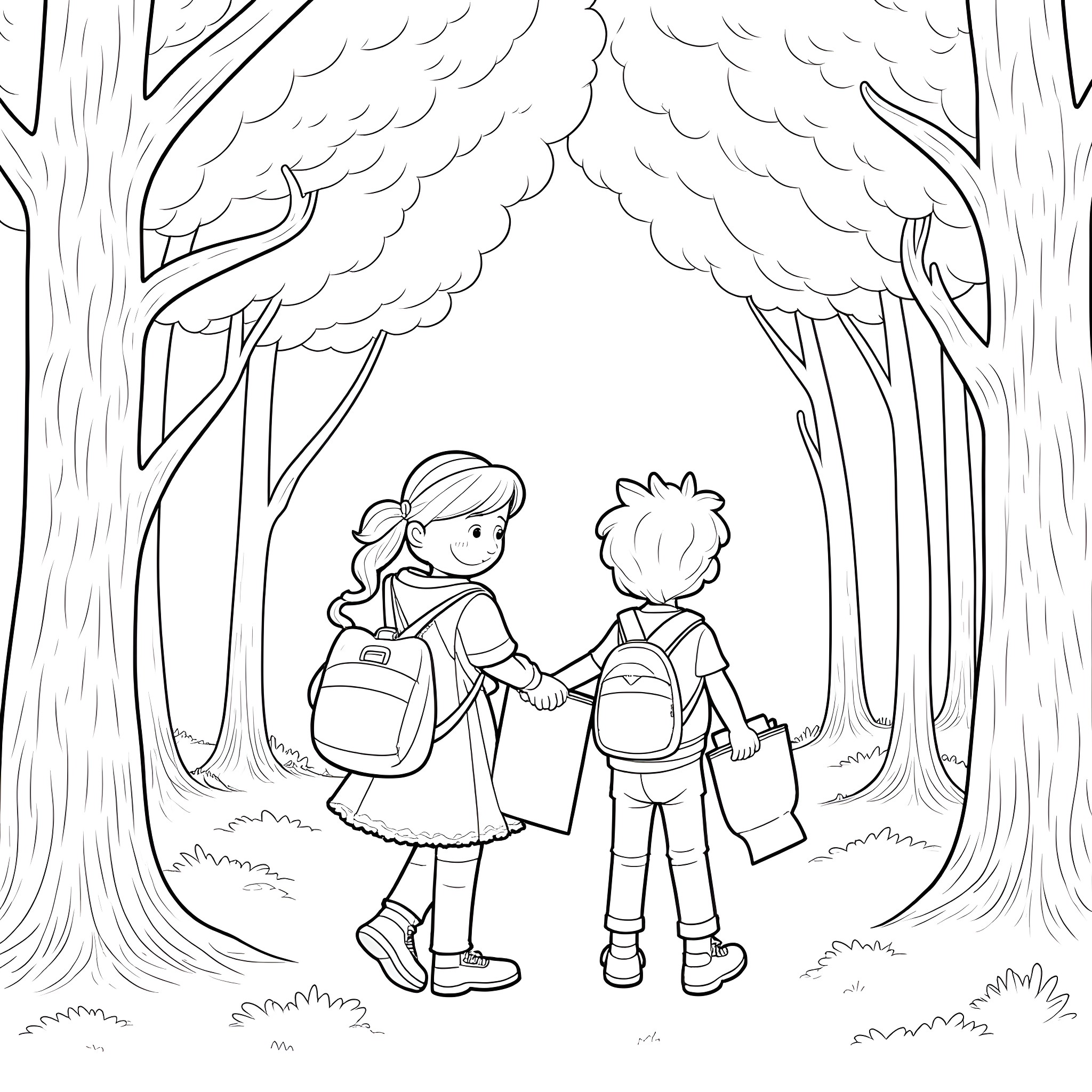 Kid walking together in the forest Coloring Page (free black-and-white line drawing printable PDF for all, from beginners to advanced learners, including children, teens, adults, and seniors)