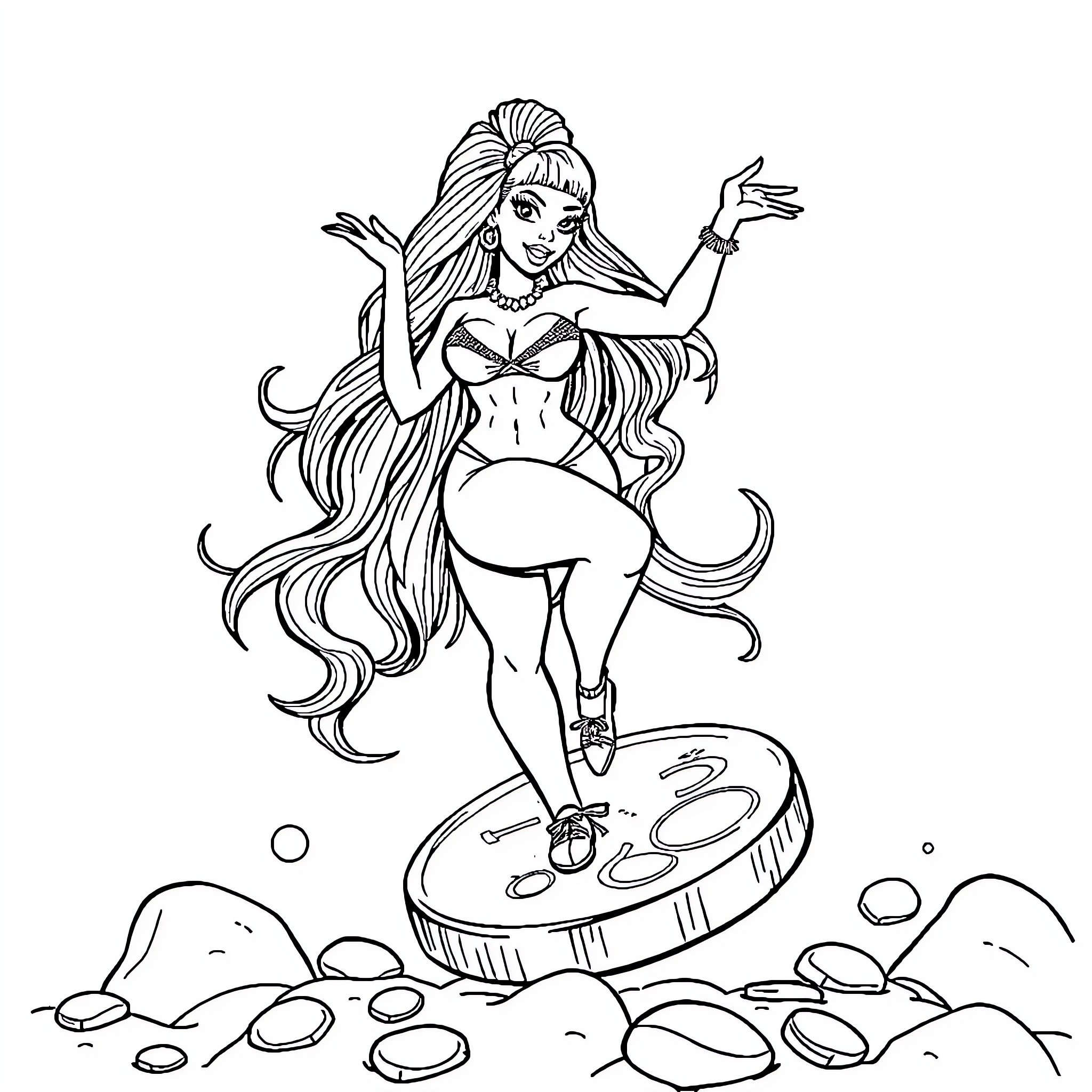 Nicki Minaj dancing on a colorful platform Coloring Page (free black-and-white line drawing printable PDF for all, from beginners to advanced learners, including children, teens, adults, and seniors)