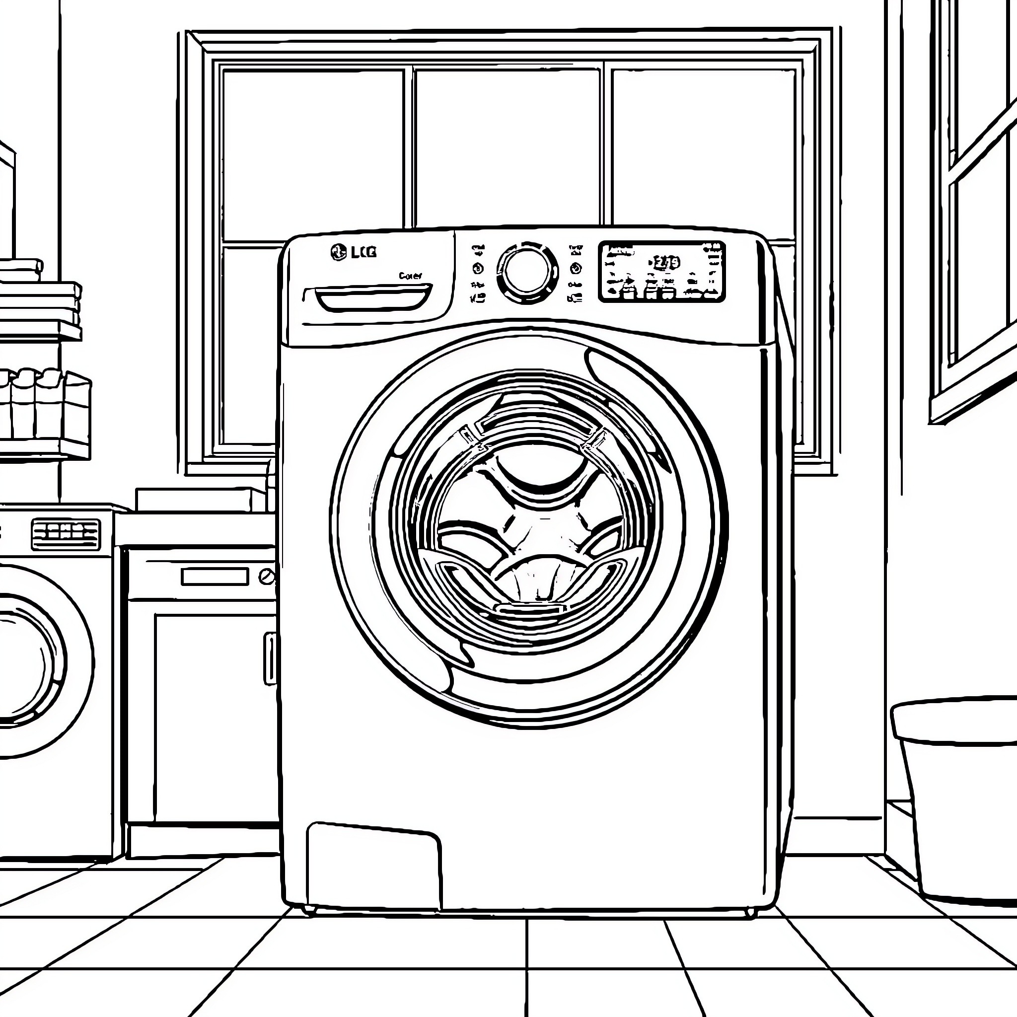 Washer operating in a cozy home setting Coloring Page (free black-and-white line drawing printable PDF for all, from beginners to advanced learners, including children, teens, adults, and seniors)